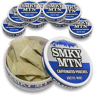 Smokey Mountain Caffeinated Pouches - Arctic Mint - Tobacco Free and Nicotine Free - 10 Can Box - 15 Pouches Per Can