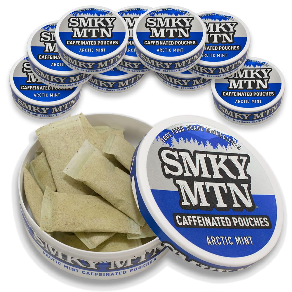 Smokey Mountain Caffeinated Pouches - Arctic Mint - Tobacco Free and Nicotine Free - 10 Can Box - 15 Pouches Per Can