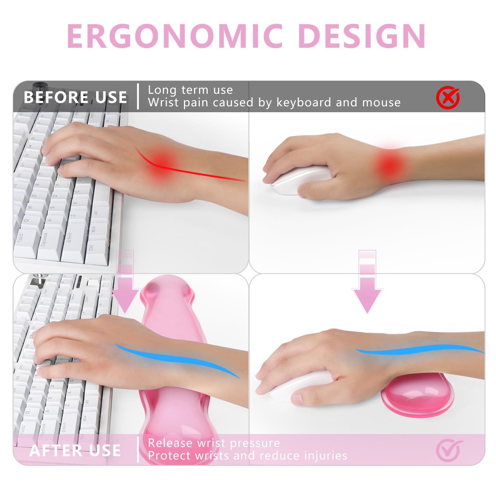 Poggiapolsi in gel per tastiera e mouse, grazioso supporto per polso e supporto per tastiera e mouse, per tastiera e mouse, sollievo dal dolore, adatto per ufficio/computer/laptop/gaming (set rosa