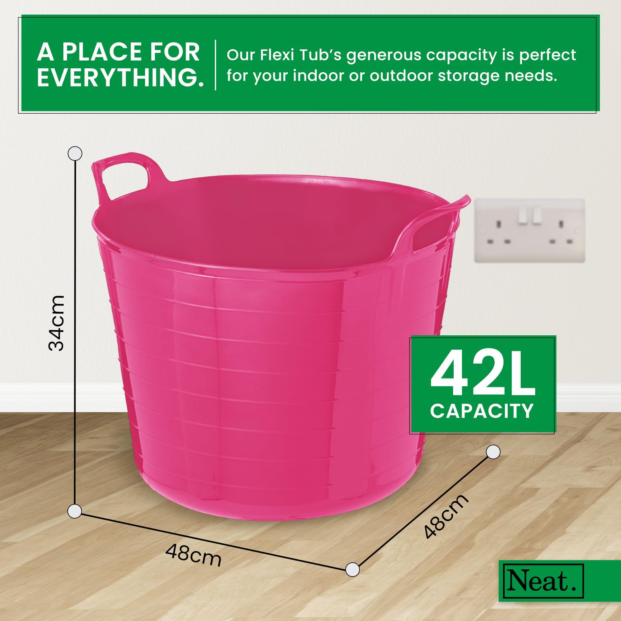 42 LITRE FLEXI BUCKET LARGE TUB GARDEN CONTAINER FLEXIBLE STORAGE HORSE FEED TRUG REINFORCED HANDLE BASKET (PINK) — view 2