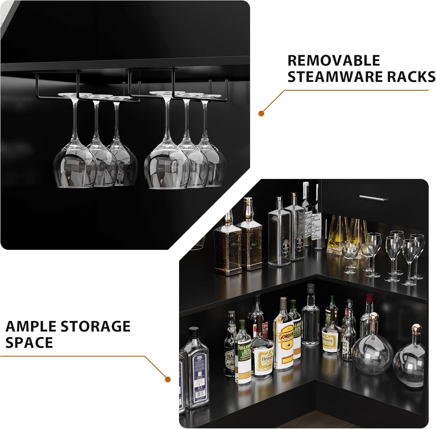 L-Shaped Home Bar Unit with Power Outlet, 4-Tier Corner Liquor Bar Cabinet with Storage Shelves, Drawer, Wine Glasses Holder, Wine Cabinet Reception Desk for Home Pub (L-Shape without Fridge Space)