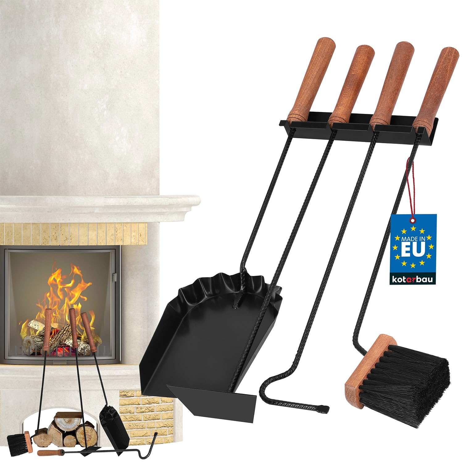 KOTARBAU® Juego de utensilios para chimenea, color negro, modernos, accesorios para estufa, juego de cepillo, pala, rascador de cenizas, juego de limpieza de acero y madera, accesorios para chimenea