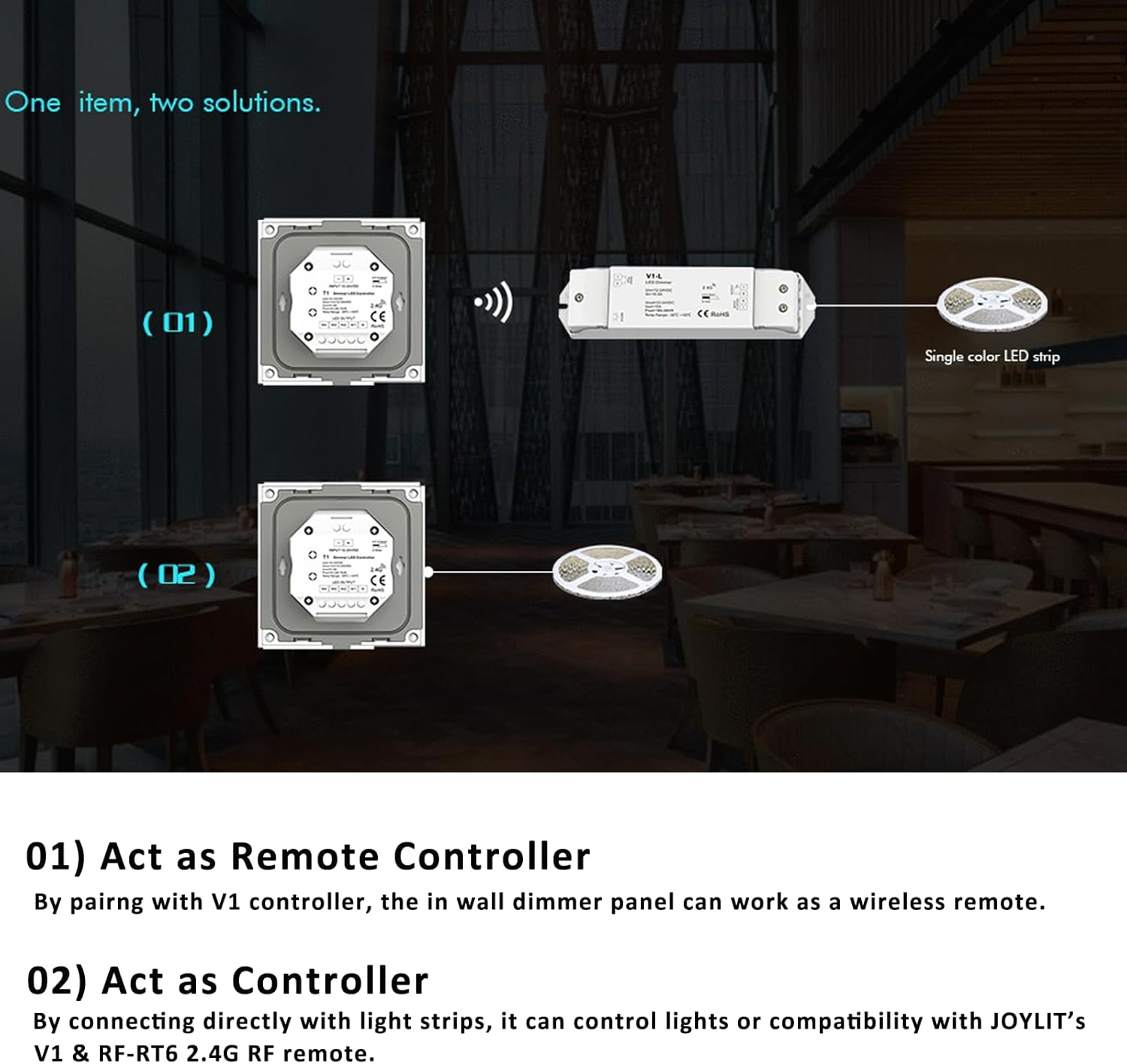 JOYLIT 12-48V LED Dimmer 2CH X 5A/CH, in Wall Touch Screen Dimmer Switch 20S Delays Off Controller, Brightness Dimming Switch for Single Color LED Strip, Compatible with 86 Size Base