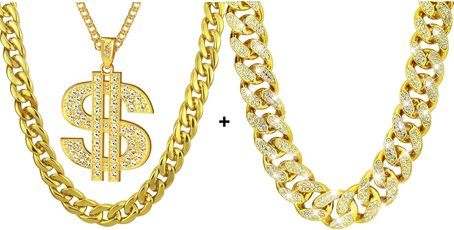 3 Pack Dollar Sign Pendant Necklace Plastic Fake Chain Set Small Acrylic Hip Hop Rapper Faux Chunky Chain for 80s 90s Costume Jewelry Punk Style for Men Women