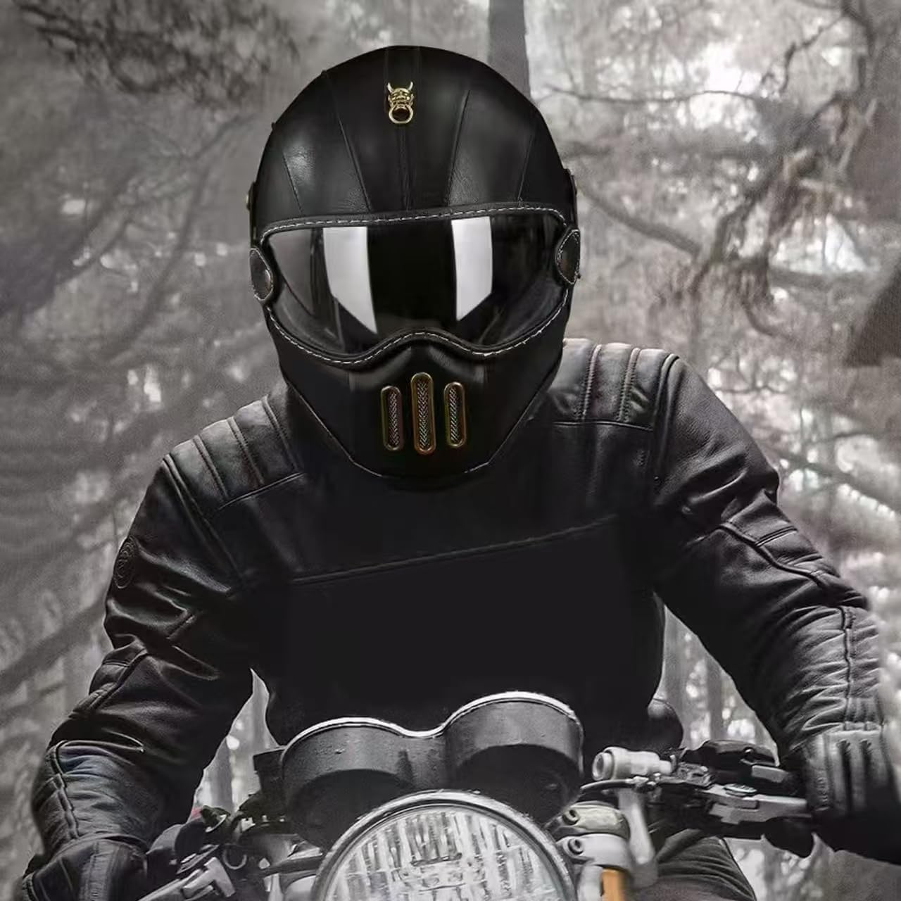 Retro Full Face Motorcycle Helmet Leather Glass Fiber Shell for Men Women Street Off-Road Moped Bike Racing ATV Motocross