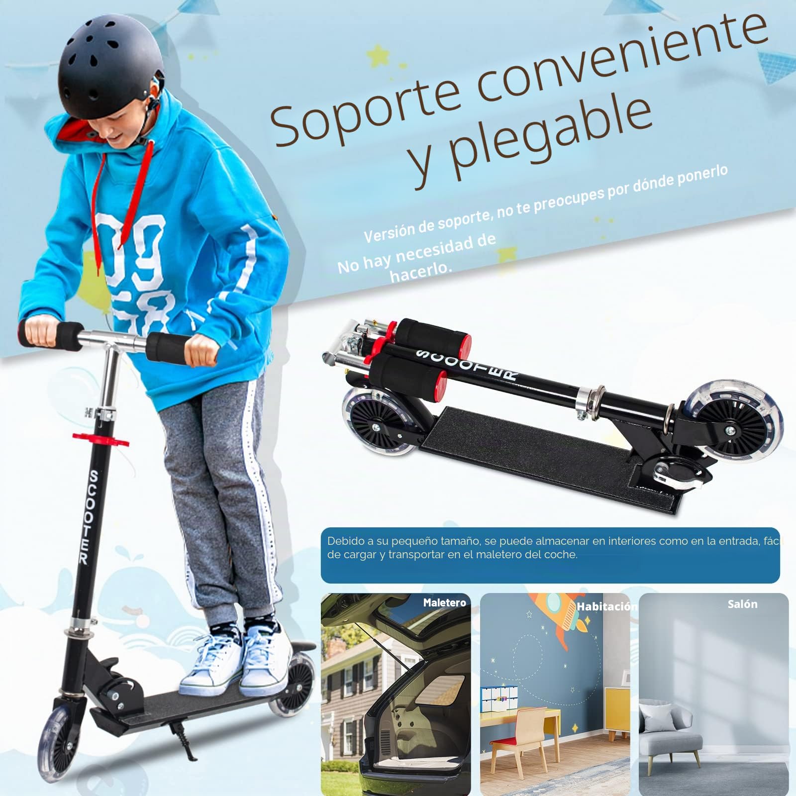 Scooter para niños de 2 Ruedas 5-8años,Volante Plegable,Regulable en Altura | Roller para niños con ruedas luminosas, scooter para niños plegable, ruedas iluminadas, freno trasero