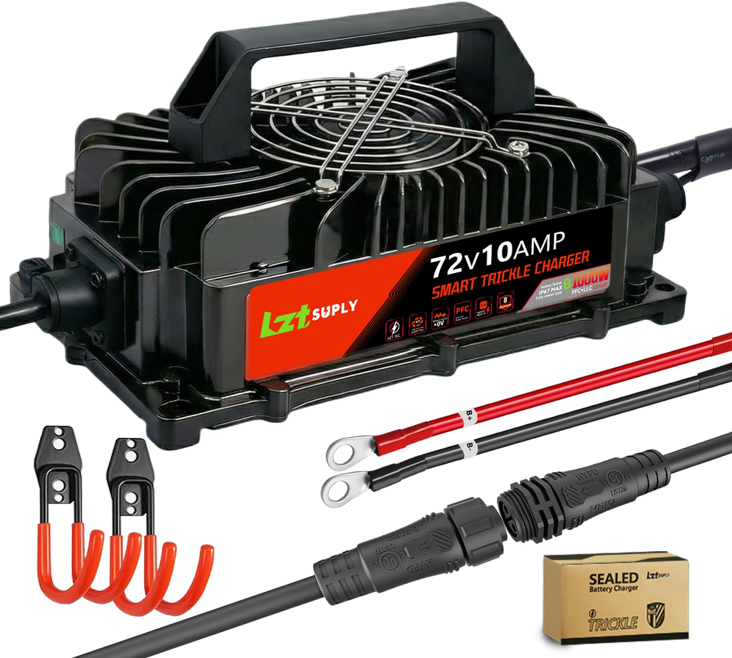 Photo 1 of 72V 10A Lithium Battery Charger Onboard or Wall Mount, IP67 Waterproof, Fully Sealed Charger for 87.6V LiFePO4 Battery with M8 Ring Terminal, Ideal for Golf Carts, RVs, Boat, Forklift, Home