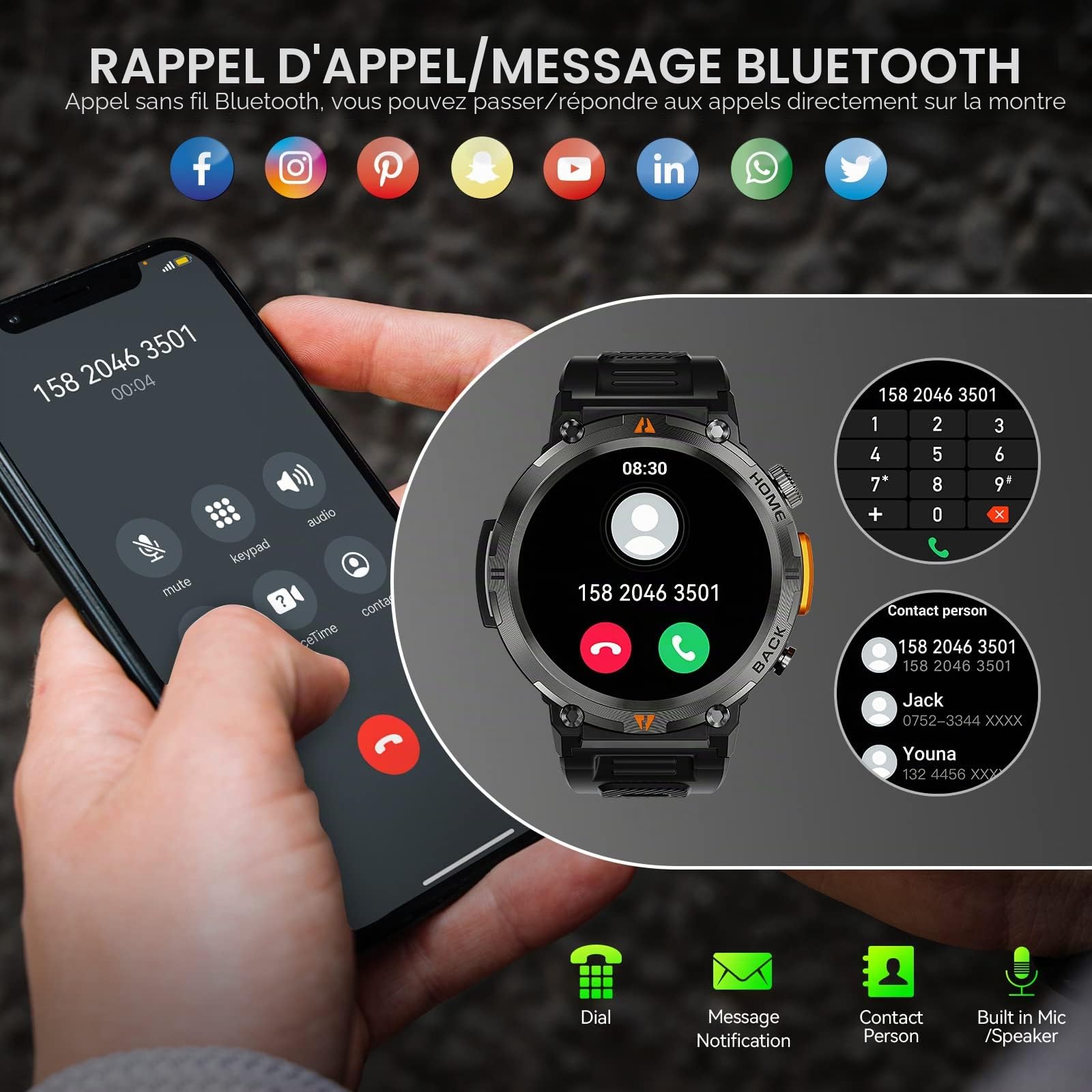Montre Connectée Homme avec Appels Bluetooth, 1,45" Militaire Smartwatch | 3ATM Étanche avec Torche LED, Montre Fitness avec Fréquence Cardiaque SpO2 Surveillance 110+ Modes Sportifs pour Android iOS