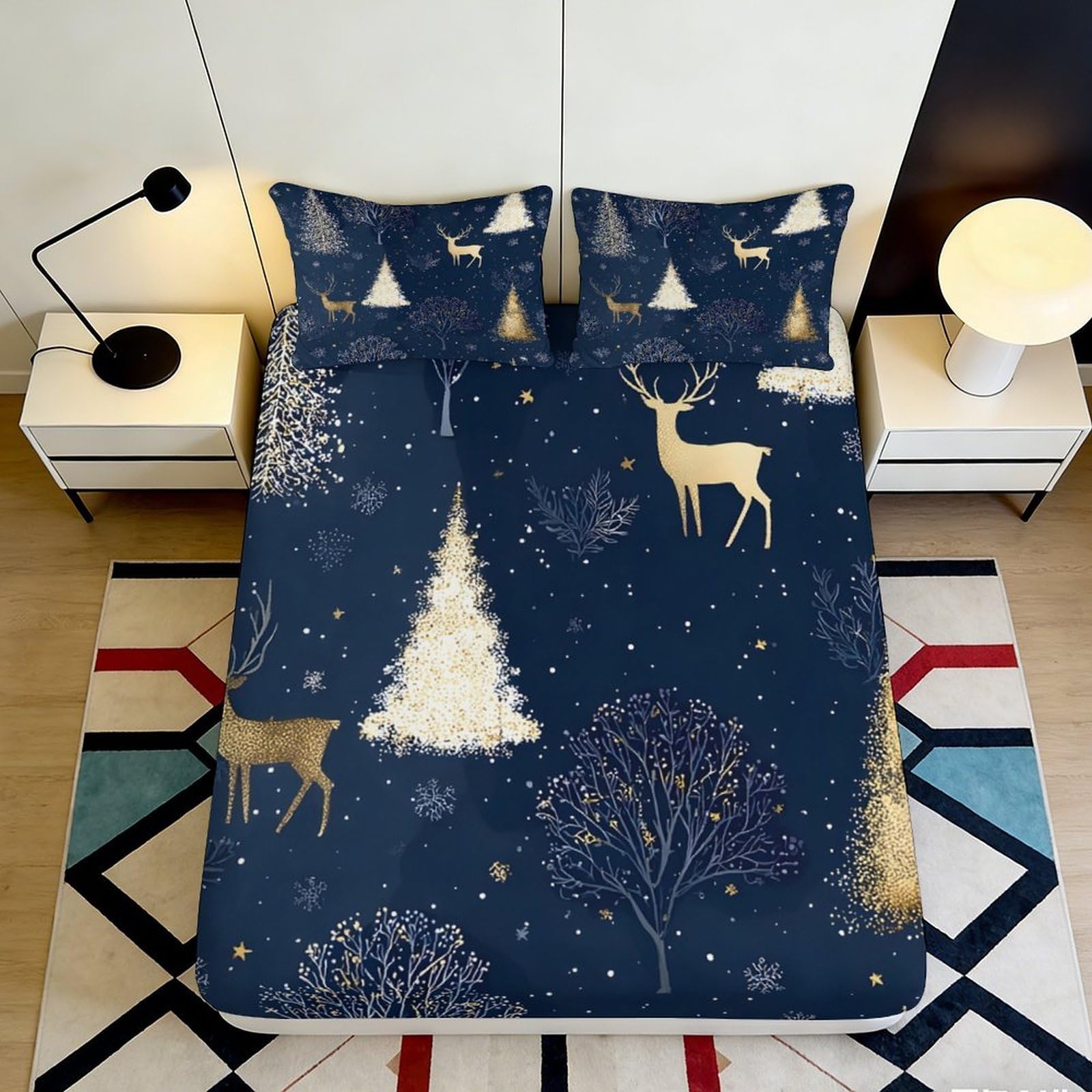 3D Printed Reindeer Snow Fitted Sheet Microfiber Deep Pocket Non-Slip Bedroom Bedding Reindeer Mattress Fitted Cover Washable 140x200x25cm