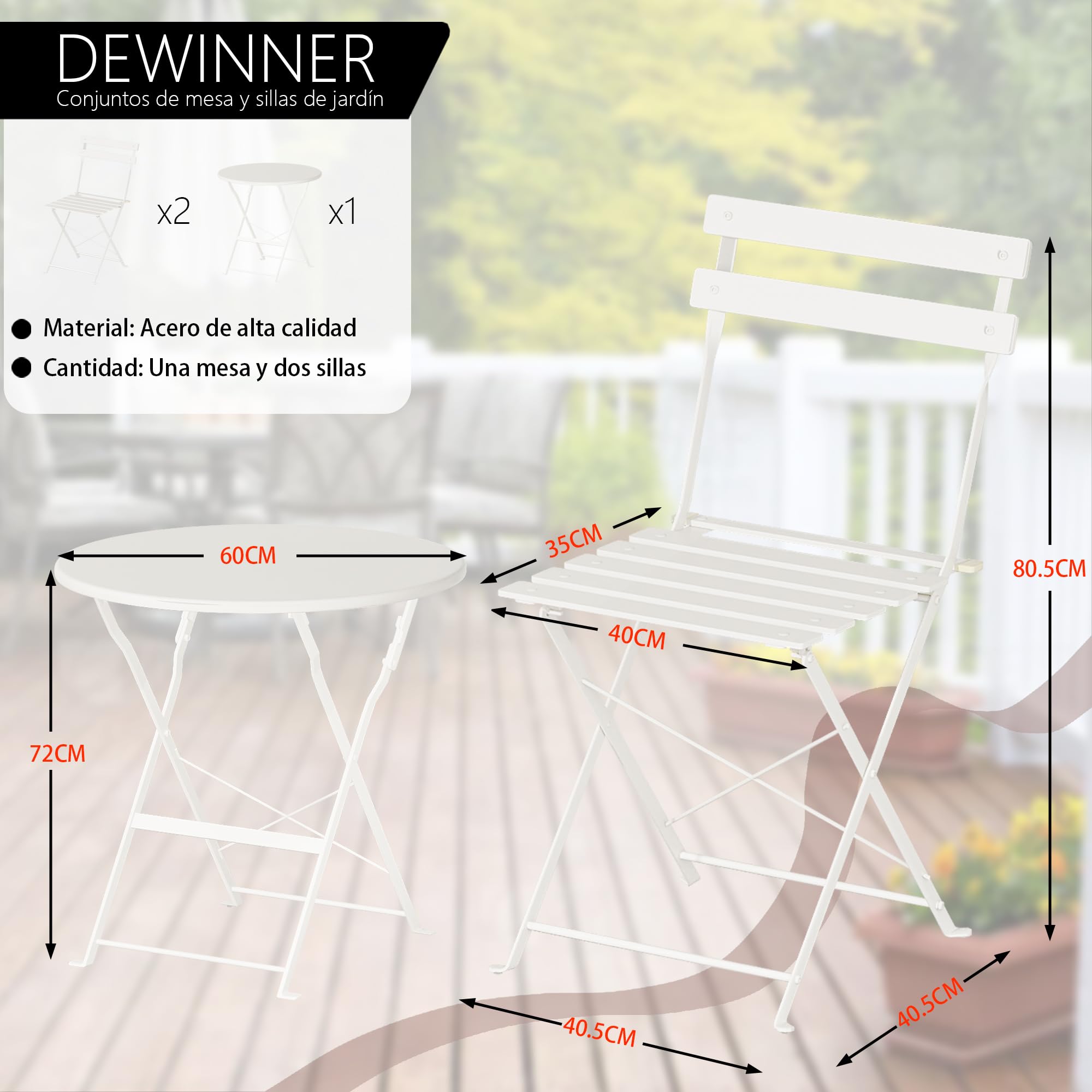 DEWINNER Conjunto de Mesa y sillas, Plegable, Conjunto de Mesa y sillas de jardín de Tres Piezas, 1 Mesa y 2 sillas, con Mantel Impermeable, Conjunto de Muebles de balcón