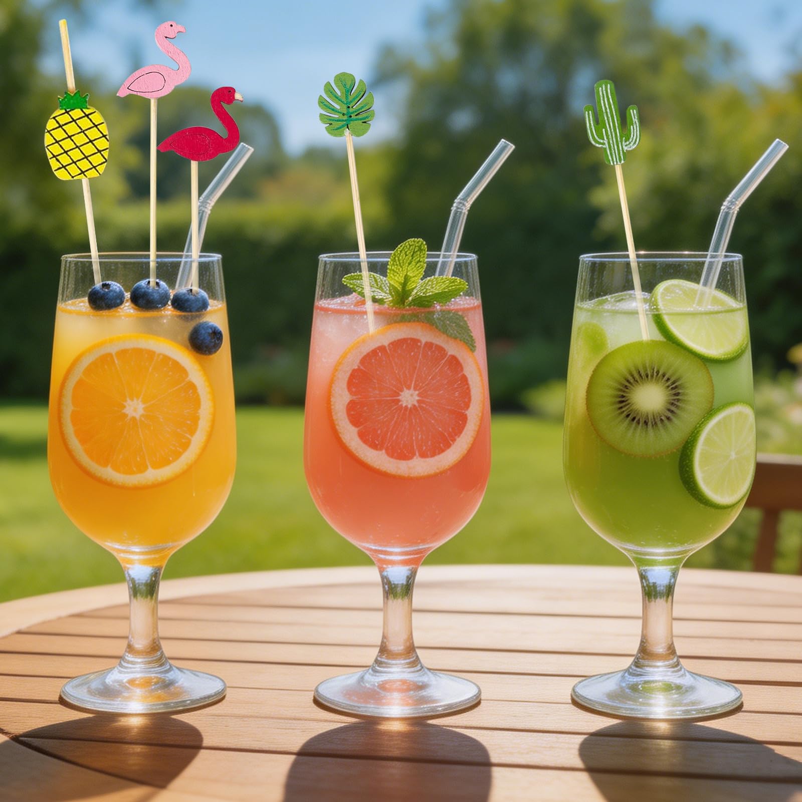 100 spiedini per frutta usa e getta, 12 cm, in bambù, con 5 motivi, fenicottero, monstera, ananas, cactus, spiedini in legno per fingerfood frutta, bevande, cocktail sticks