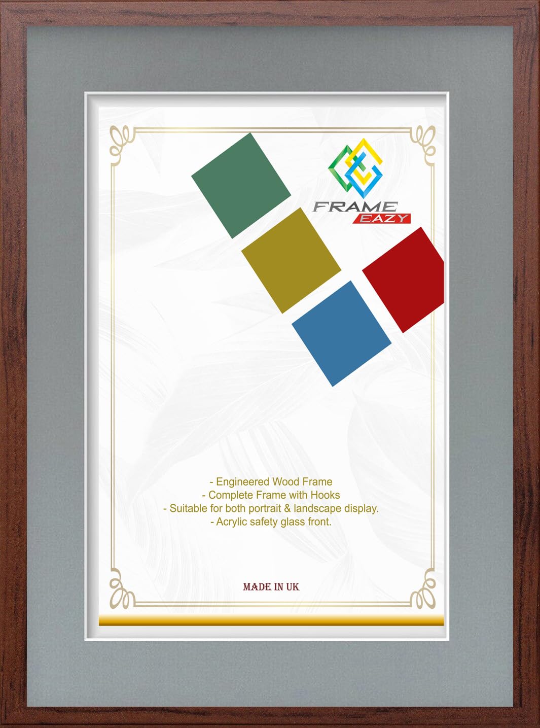 FRAME EAZY Dark Oak 12x12 Photo Frame with 10x10 Grey Mount to Hang Portrait or Landscape - Thin Picture Frame With Safe Perspex Front - 12" x 12" For Picture Size 10" x 10"