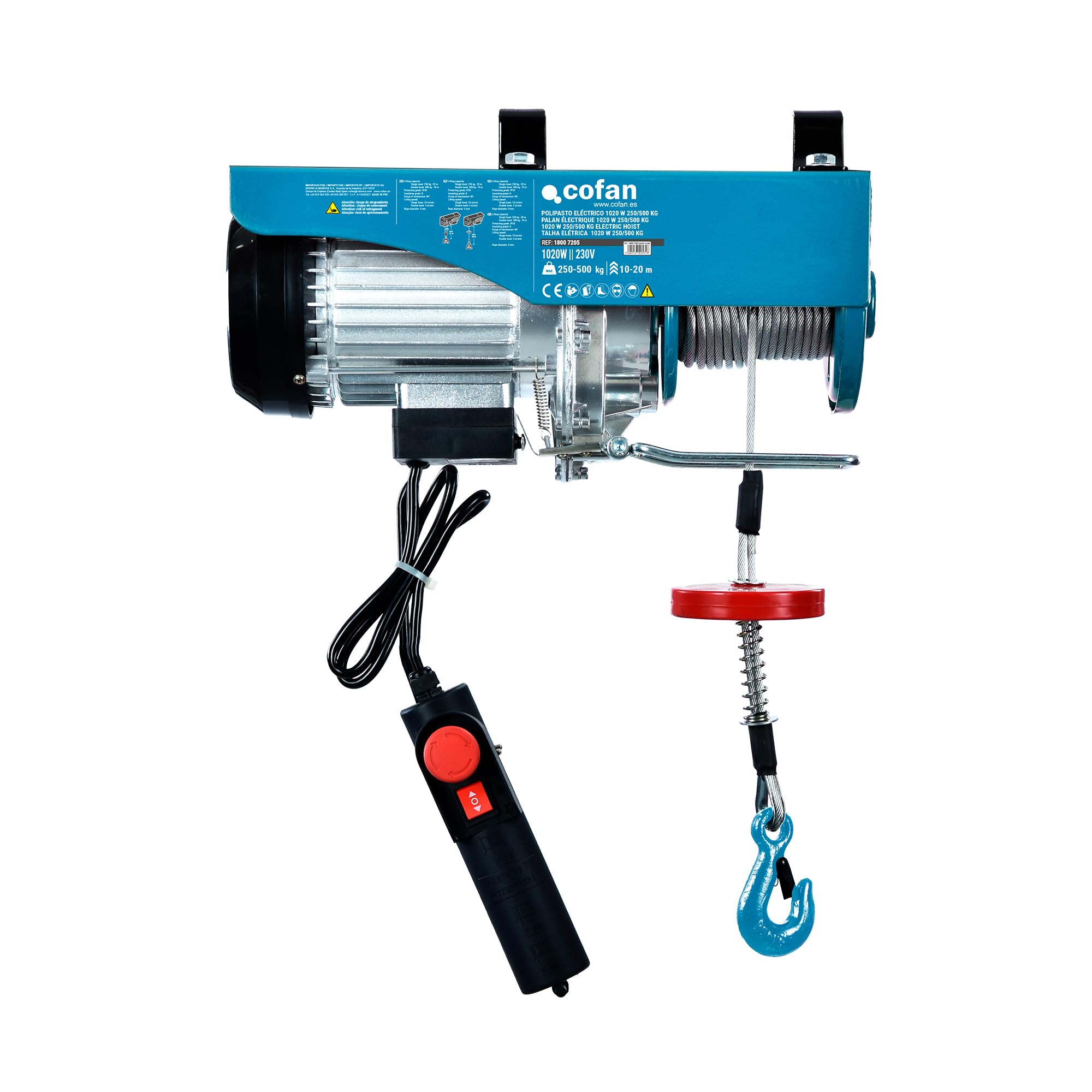 Cofan Polipasto eléctrico 1020 W | Capacidad de carga: 250/500 kg | Altura de elevación: 10/20 m | Parada de emergencia | Incluye mando | Protección IP54