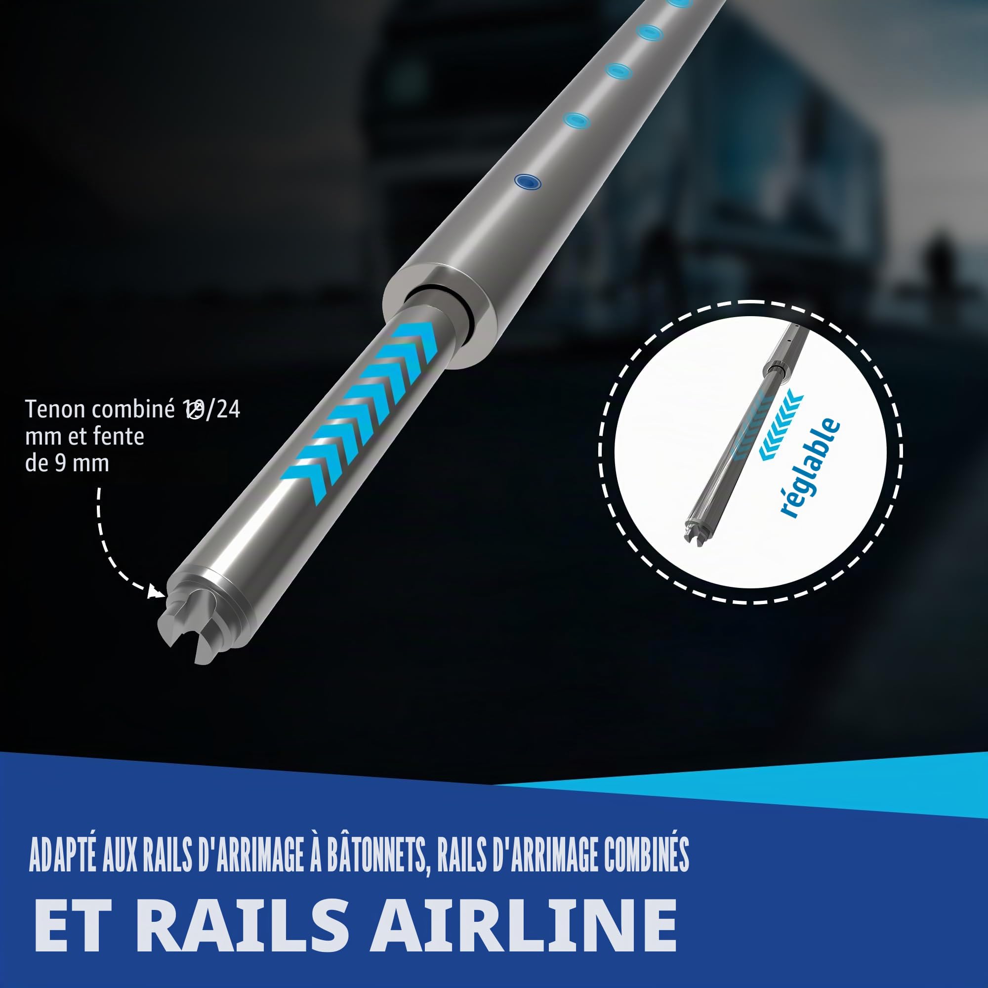NTG Barre de blocage ronde, poutres de serrage, 1200-1600 mm, tourillon combiné 19/24 mm, pour rail d'aviation et d'ancrage