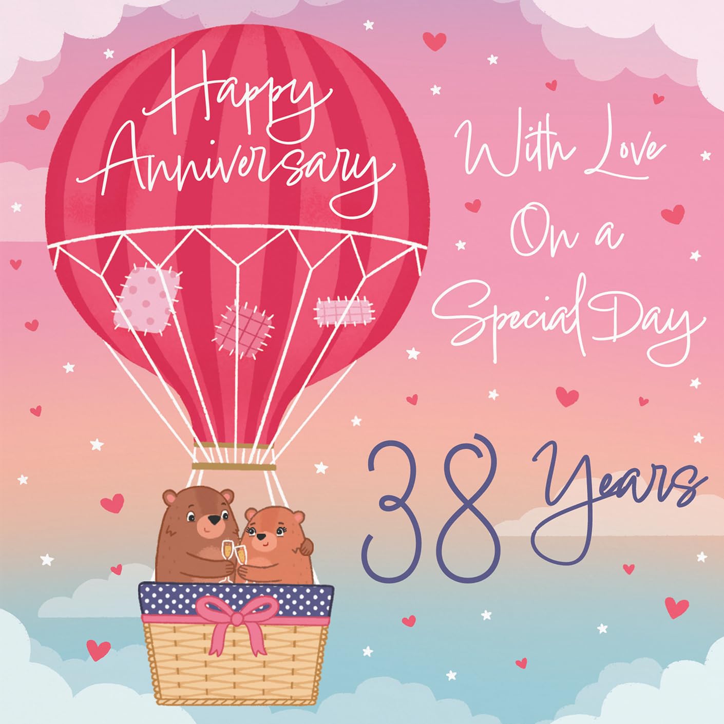 Hunts England, Hot Air Balloon 38th Anniversary Card For Him/Her, Cute Bears Collection - Image 2