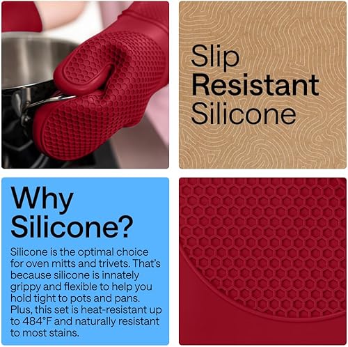 Miniatura 3 de GORILLA GRIP Juego de 4 manoplas de horno de silicona suave sin BPA y soportes para ollas, resistentes al calor, forro de algodón grueso, agarre