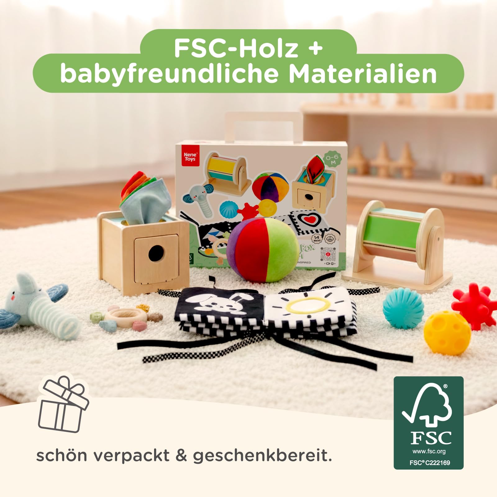 Nene Toys Montessori Baby Spielzeug 0–6 Monate – 7-in-1 Sensorik Holz Lernbox mit Schwarz-Weiß Stoffbuch, Tücherbox, Regenbogen Dreh-Trommel, Sensorikbällen, Beißring & Rassel – Neugeborenen Geschenk