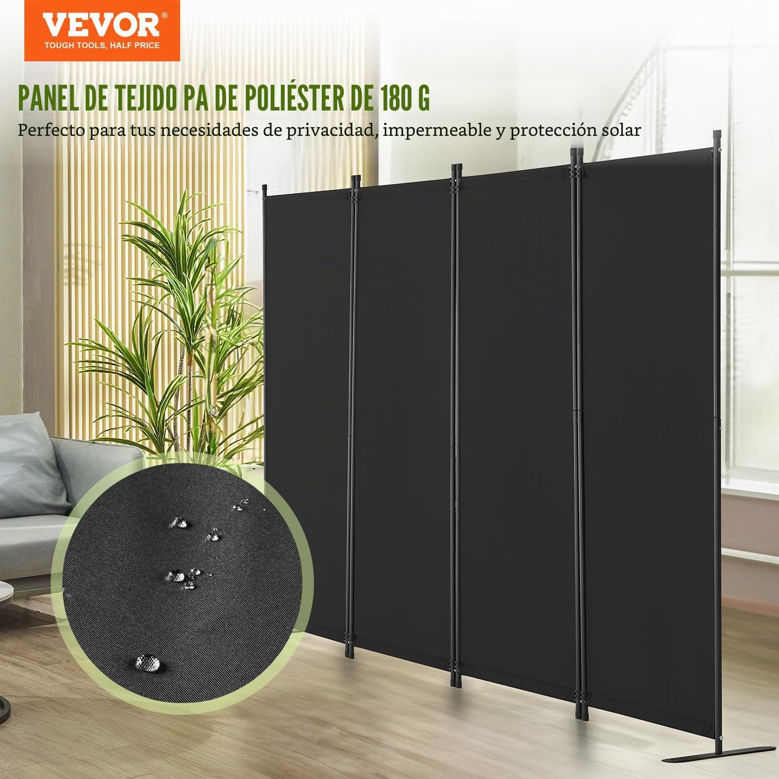 VEVOR Biombo Separador Plegable 4 Paneles con Marco de Acero al Carbono y Tela de poliéster Separador de Ambientes de Privacidad 228x45x172,5 cm para Oficina, Dormitorio, Comedor, Estudio, Negro