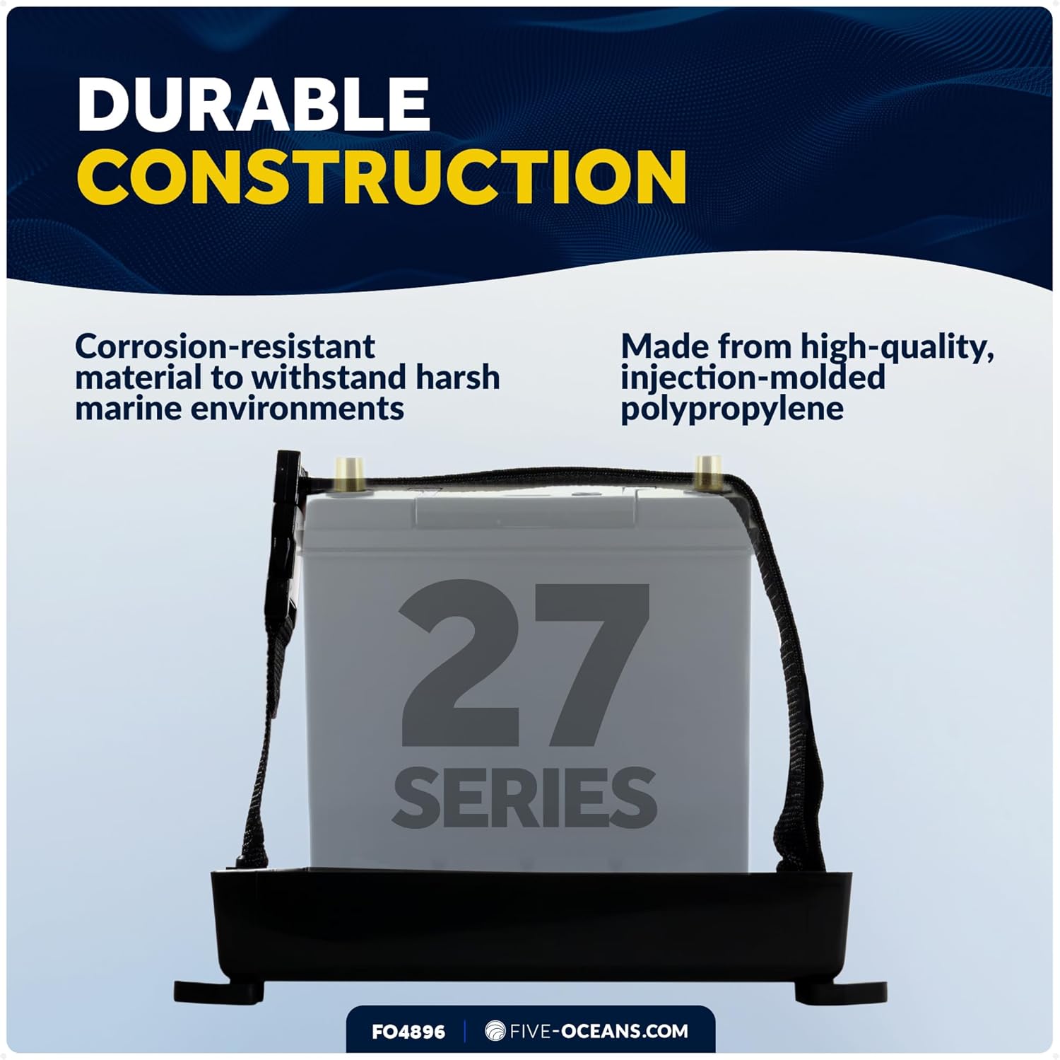 Five Oceans Marine Battery Tray for Group 27, Black, 13" x 7" - Boat Battery Holder with Hold-Down Strap for Boat, Fishing Boat, Yatch, Trailer, RV - FO-4896