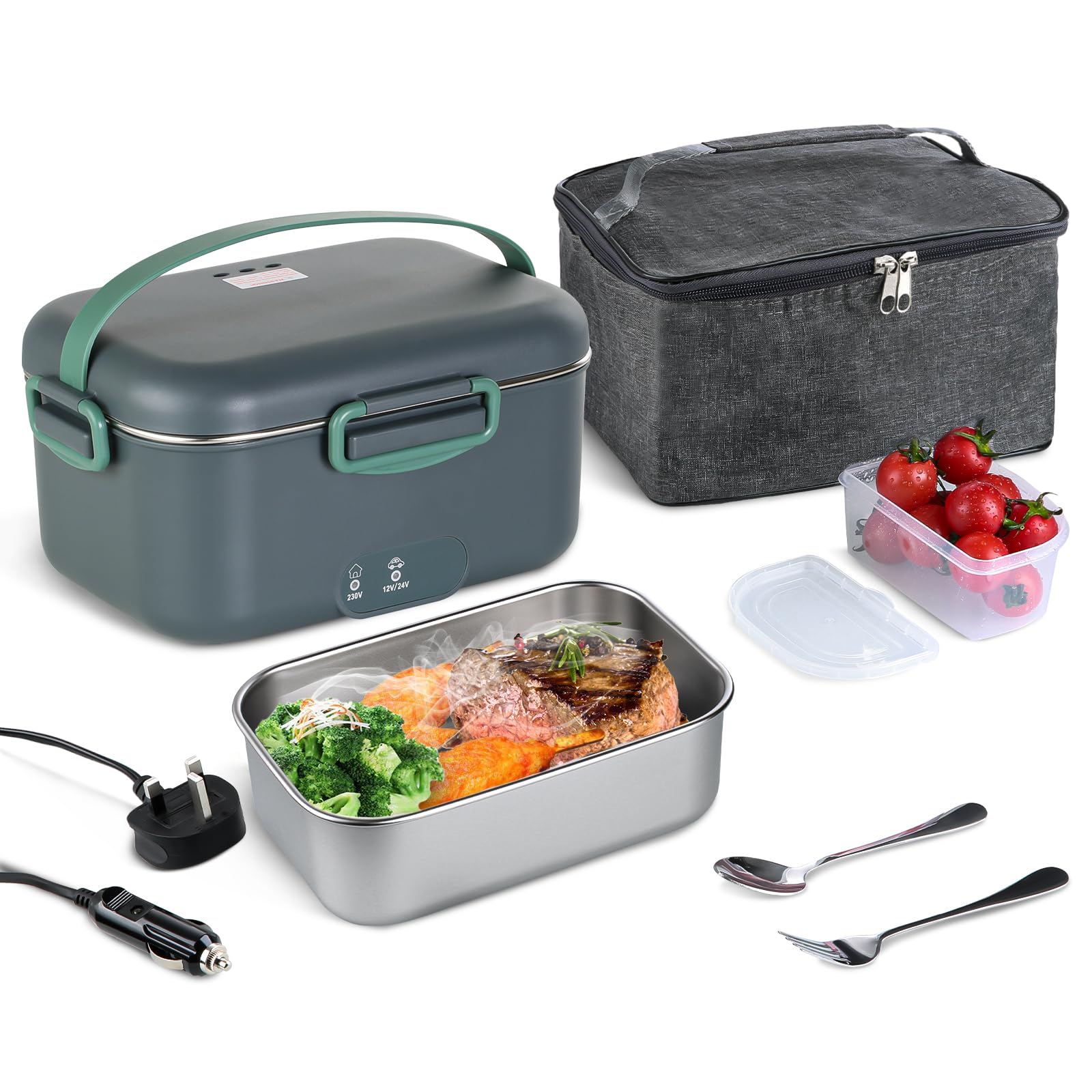 EDIMENS Heated Lunch Box 80W Food Heater 3 in 1 12/24/110-230V Portable Lunch Warmer Upgraded Leakproof Heated, for Car/Truck/Office/School/Home with SS Fork&Spoon and Insulated Carry Bag