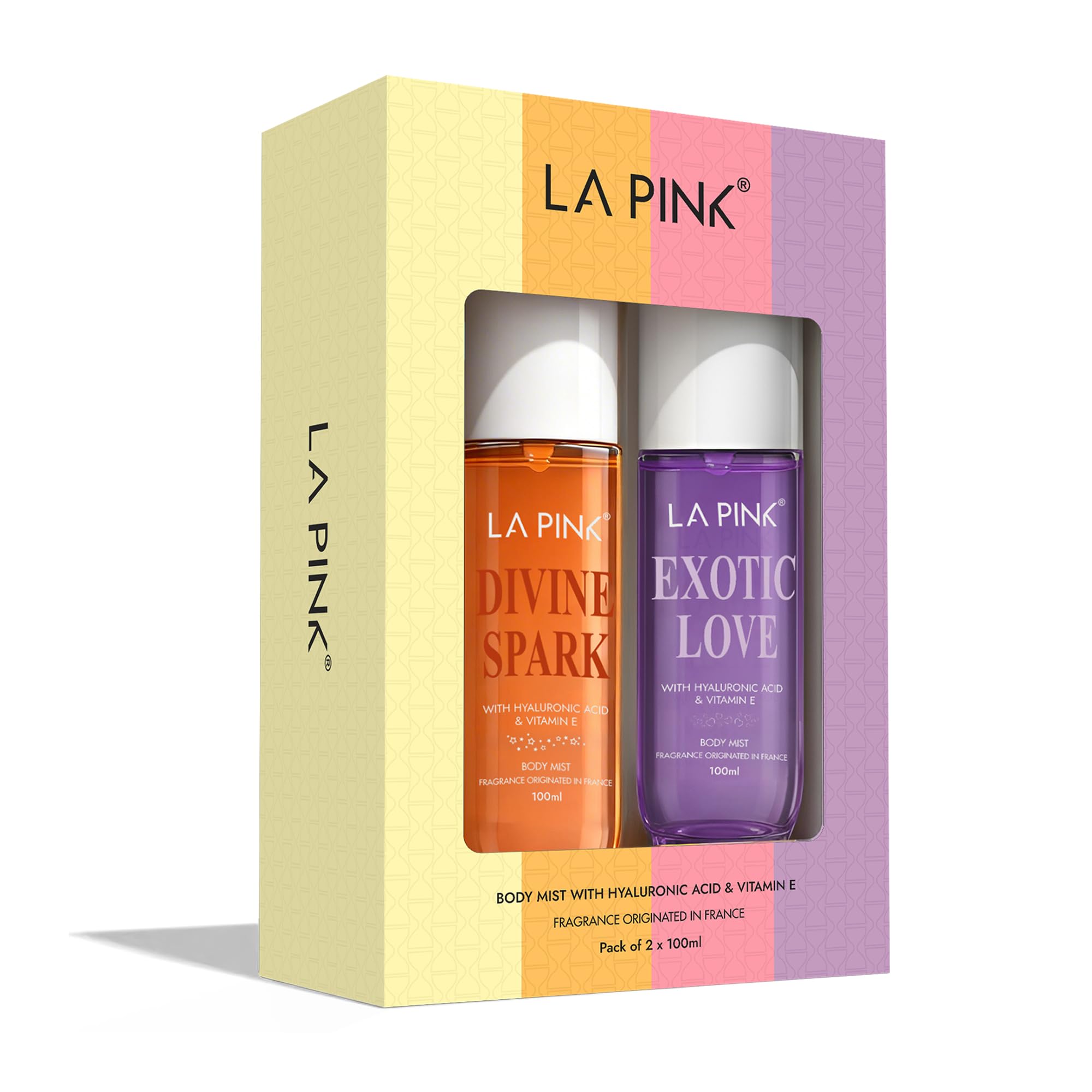 LA PINK Divine Spark & Exotic Love Perfume Body Mist Combo | Tropical Coconut Citrus, Vanilla & White Floral Tuberose Fragrance | Lightweight Body Spray | Long Lasting Freshness with Hyaluronic Acid & Vitamin E | 100ml Each-image-31