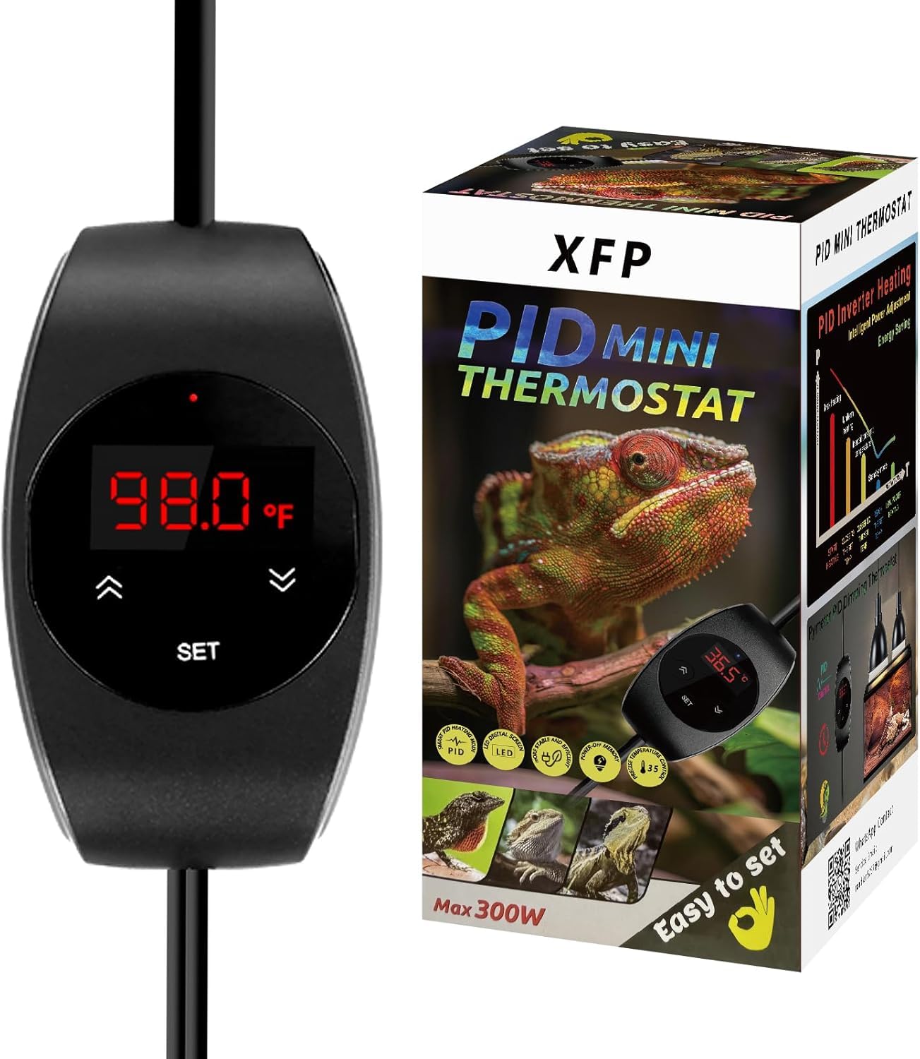 XFP Reptile Dimming Thermostat, PID Heat Lamp Temperature Controller with LED Digital Screen, Memory Function, Switch Control Function for Seed Germination, Reptiles and Greenhouse (300W)