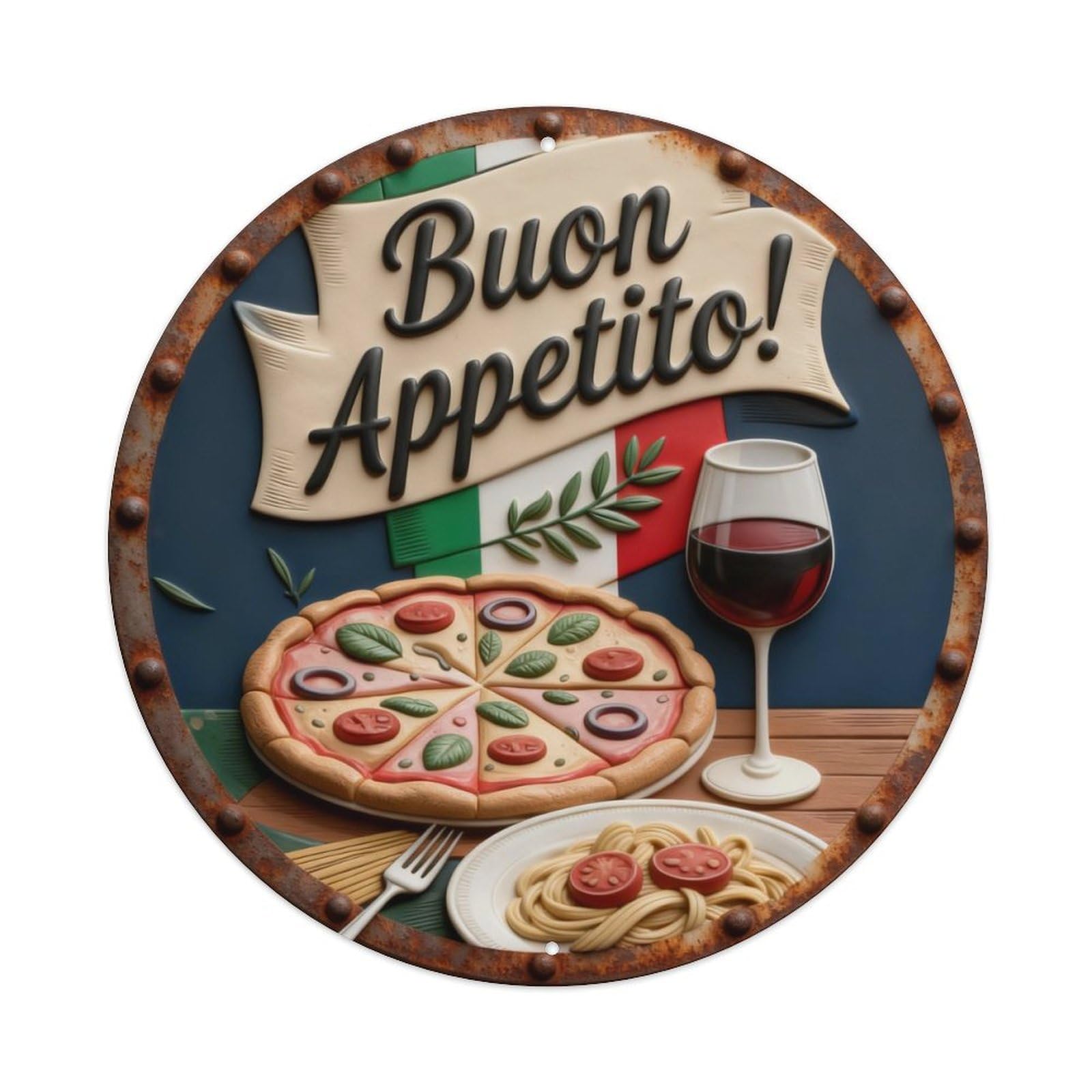 Italian Flag Pizza Pasta Wine Olive Round Metal Tin Sign Vintage Wall Decor, Bar Garage Cafe Kitchen Home Wall Art Poster 8x8inches