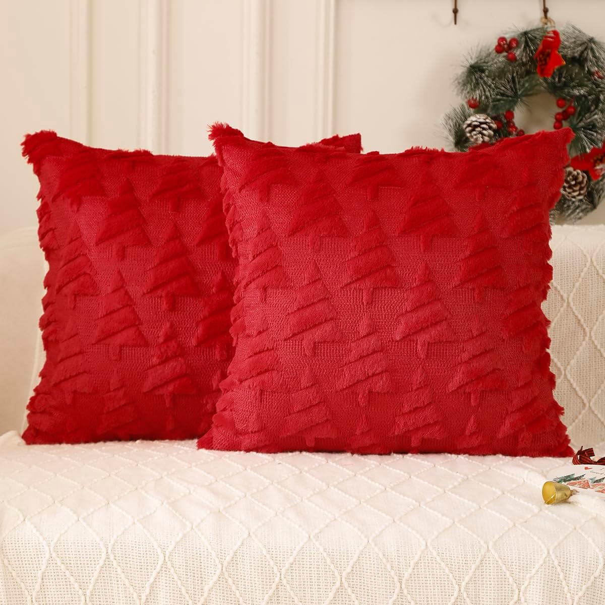 All Smiles Christmas Decorative Pillow Covers 18x18 Set of 2, Xmas Navidad Ornaments Soft Plush Faux Fur,Decorations Winter Holiday Couch Cases Home Decor for Sofa Livingroom Bed,Red Red 18" x 18" (Pack of 2)