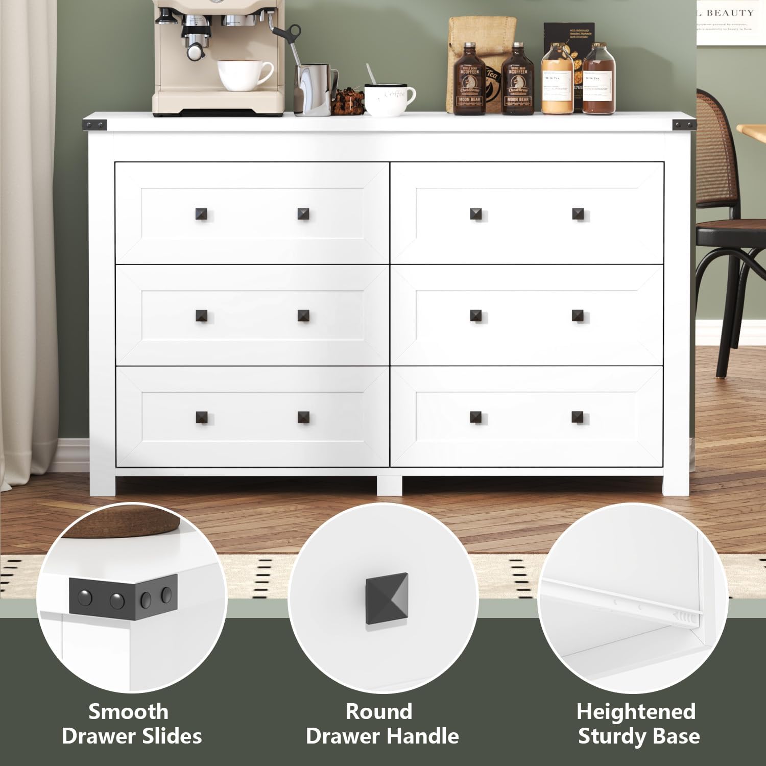 Close-up images highlighting key features of the HUANLEGO dresser: smooth drawer slides, round drawer handles, and a heightened sturdy base.