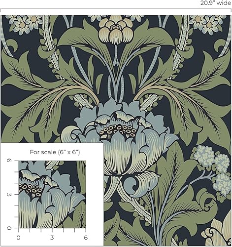 Miniatura 8 de NextWall Papel tapiz vintage con estampado floral de prímula (azul medianoche y salvia)