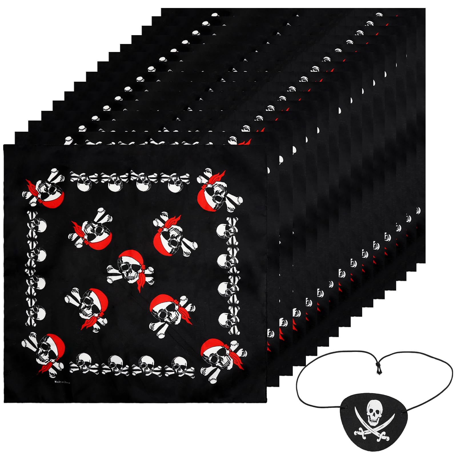 APOMOONS Juego de 15 Pañuelo Pirata Calavera Negra con 15pcs Parche Ojo para Fiesta Halloween