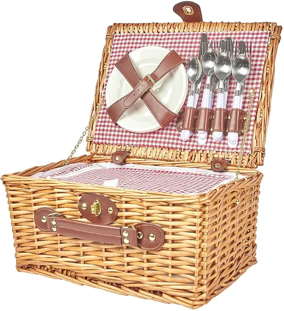 Cestino da Picnic in Vimini con Stoviglie - Capacità 4 Persone, 12L