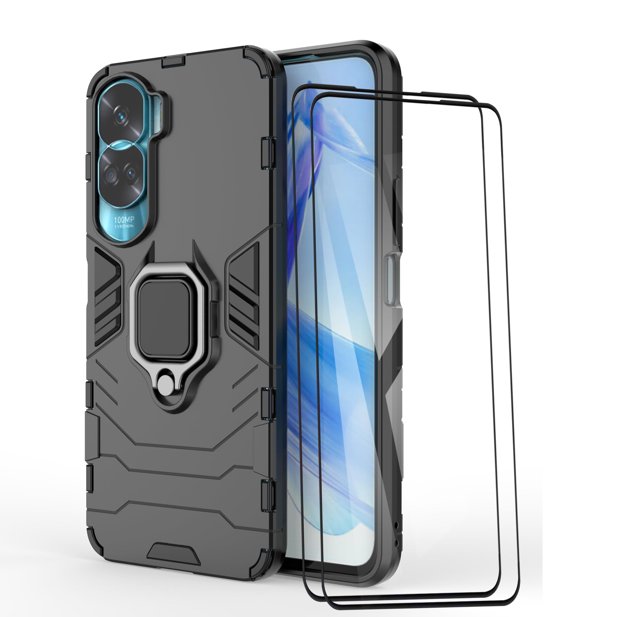 ESTH Hülle Für Honor 90 Mit Panzerglas – Stoßfest, Magnet-Ringständer, Militärschutz In Rot