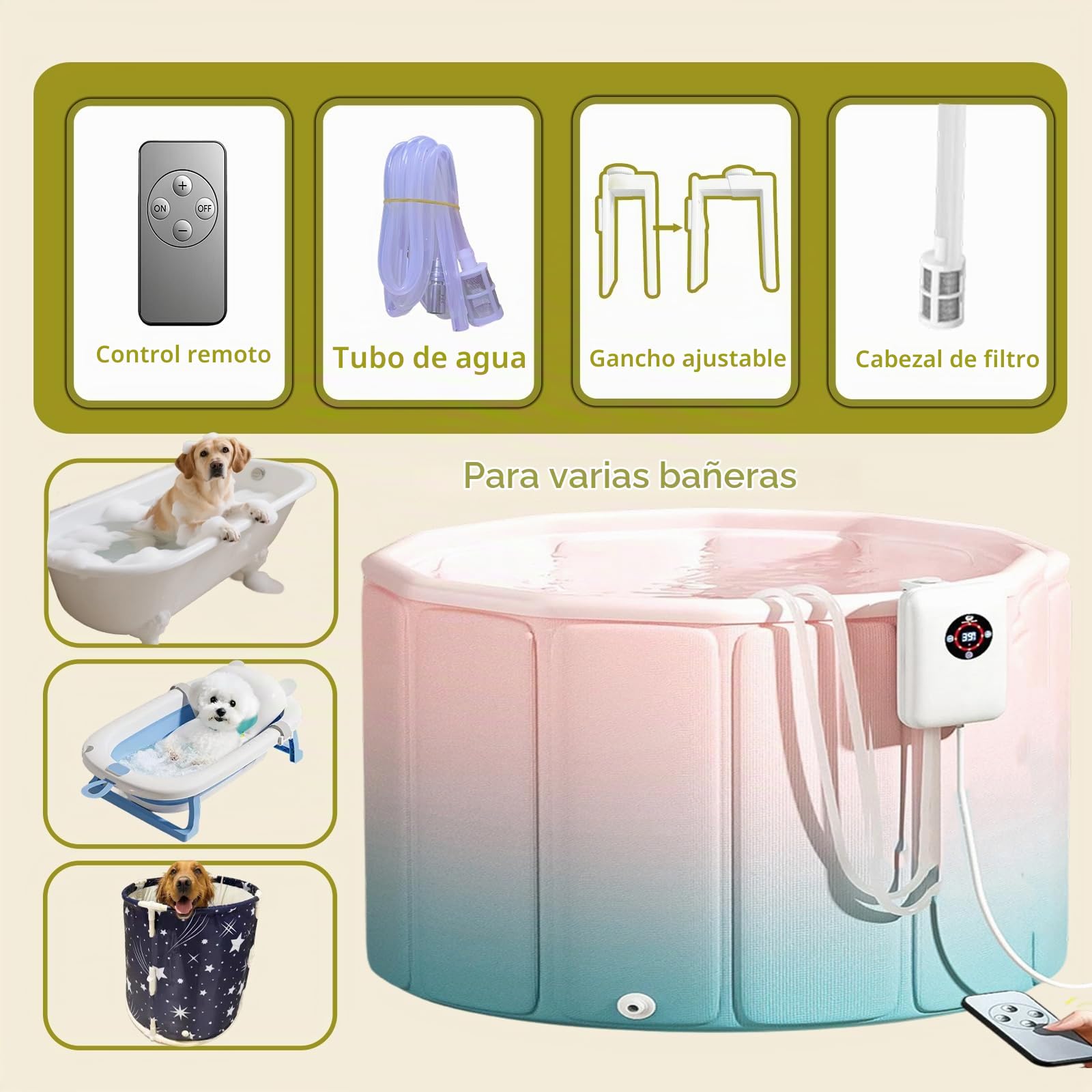 Calentador Agua Electrico, Mantener La Temperatura Entre 16 Y 43 °C, para Piscina Perros, Perros Pequeños Y Medianos Piscina Plegable, Bañera InflableWhite,8.6 * 5.8 * 2.9 Inch