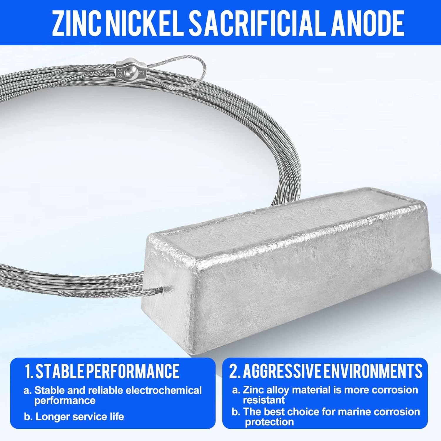 4 Pcs Zinc Anode for Boat Lifts, 2.2lb Anti-Electrolysis Zinc Anode for Saltwater Pool, Sacrificial Boat Zinc Anode for Dock Protection with 10 FT 316. Stainless Steel Cable & 3 Crimps Accessories