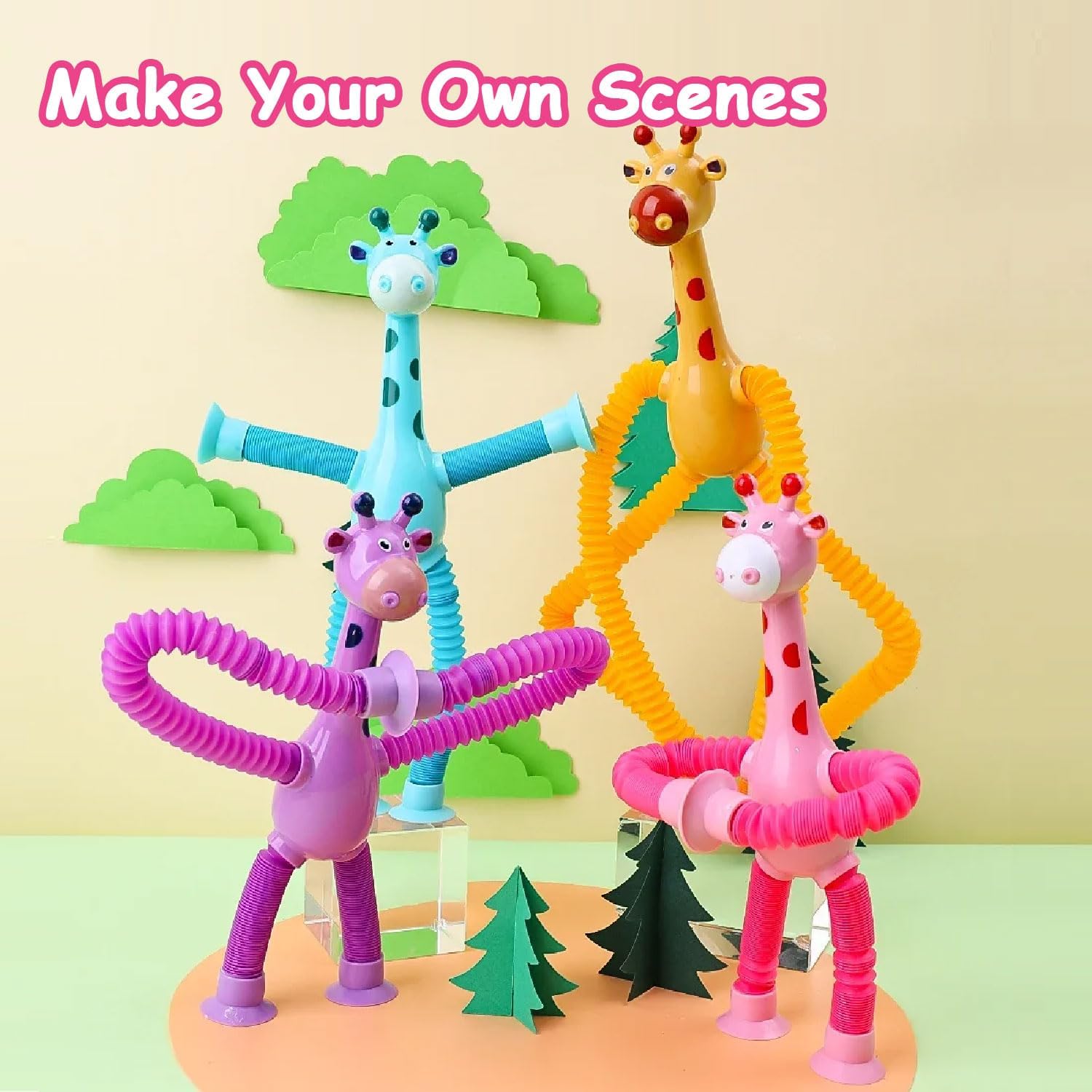 Suction Cup Giraffe Toy, 4 Packs Pop Tubes Sensory Fidget Animal Toys for 3 4 5 6 Year Old Boys Girls Toddlers Birthday Gifts Travel Essential Stretchy Robots