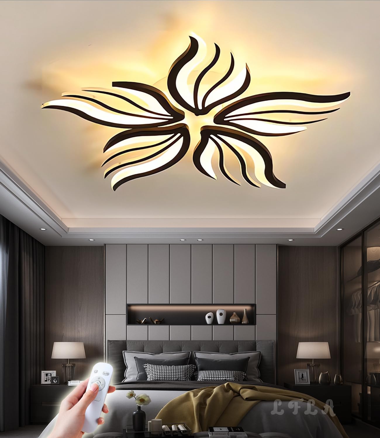 LFLA LED Ceiling Light Dimmable Modern Large Living Room Acrylic Flower Shape Design with Remote Control Geometric Lighting Bedroom Dining Room Energy Saving Lamp (Black, 5-Flame,Ø75cm,48W)