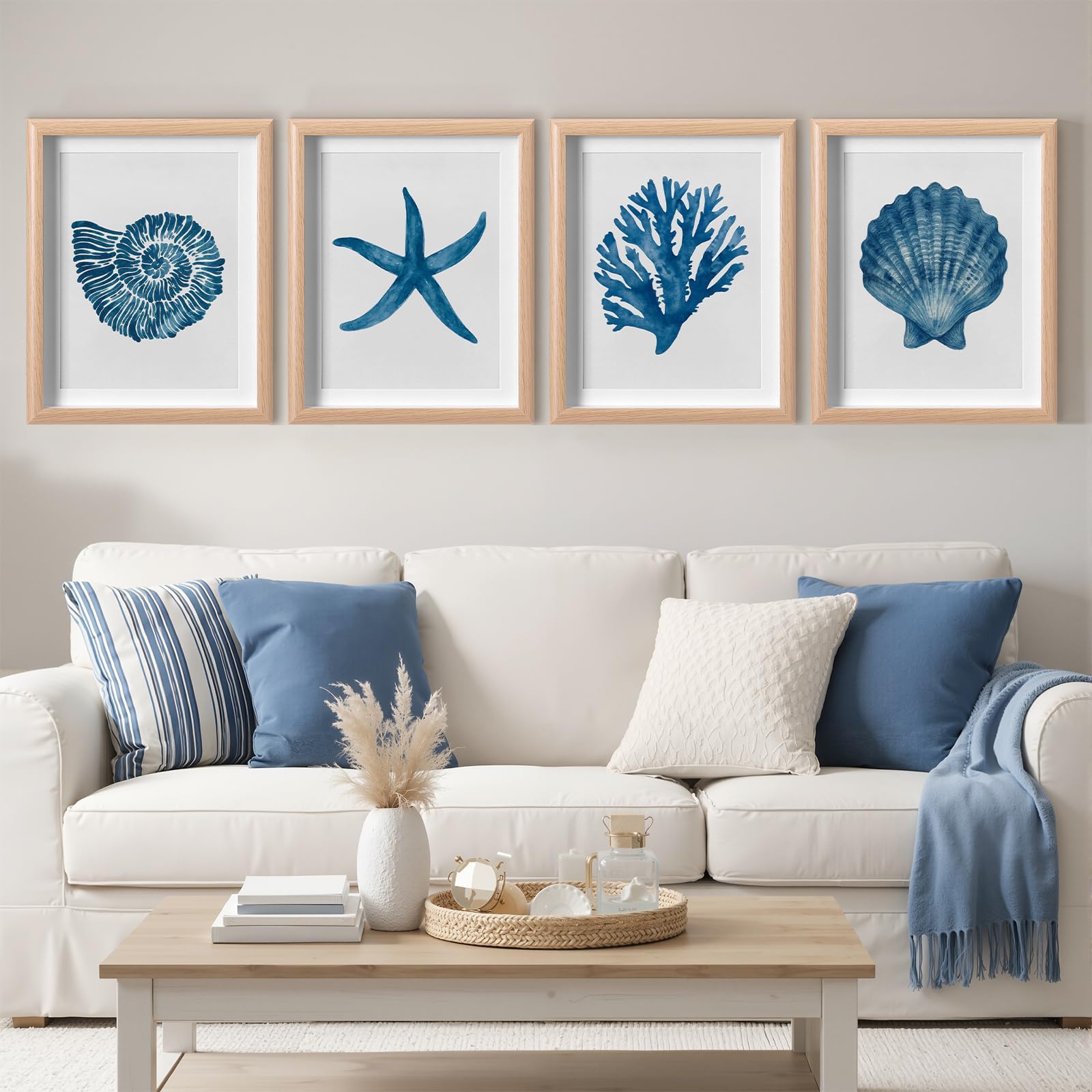 Memorywuu 4 Pack Framed Coastal Wall Art Set, Seashell Starfish Coral Conch Prints with Wooden Frame Beach Nautical Wall Decor for Home Bathroom Living Room Bedroom, 10.5 x 8.5 Inch