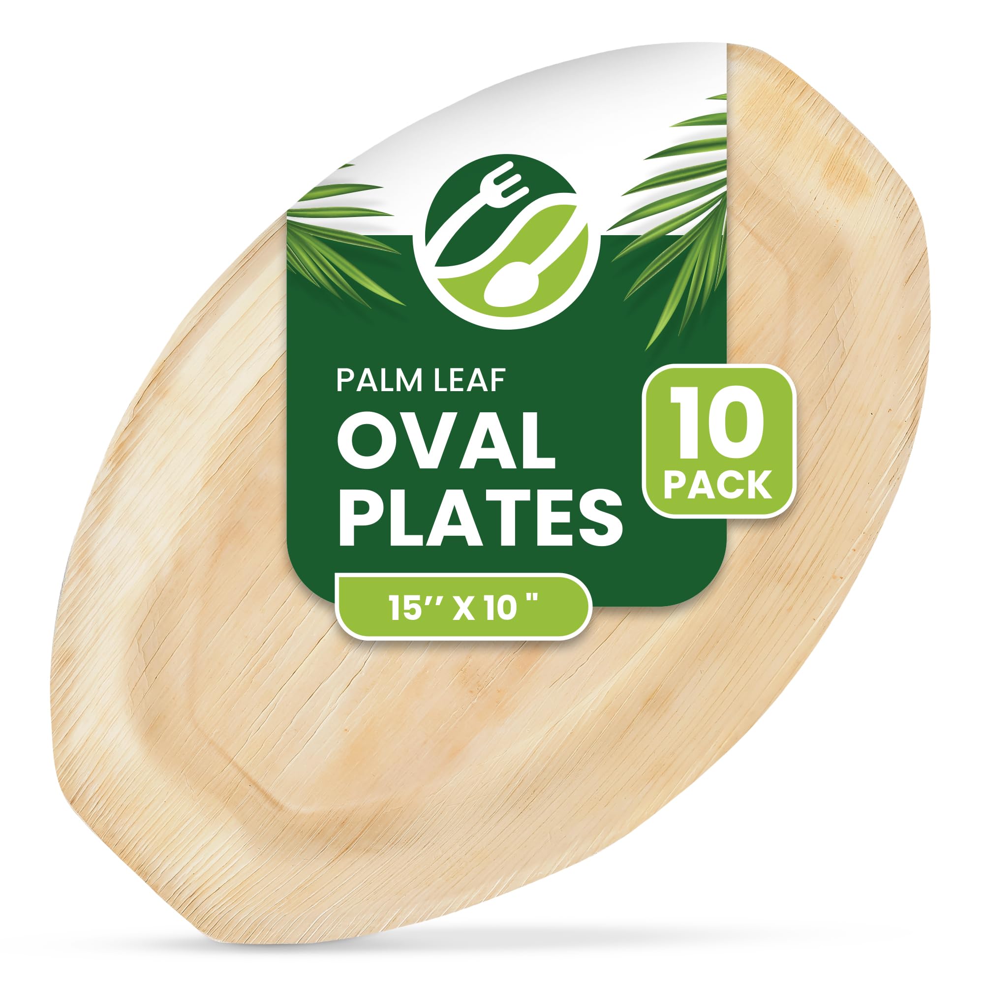 ECO Leaf Lot de 10 plateaux de service jetables en feuille de palmier, ovales moyens, 36 cm x 25 cm, plateaux pour débutants, assiettes de mariage, comme des assiettes en bois, plateaux alimentaires
