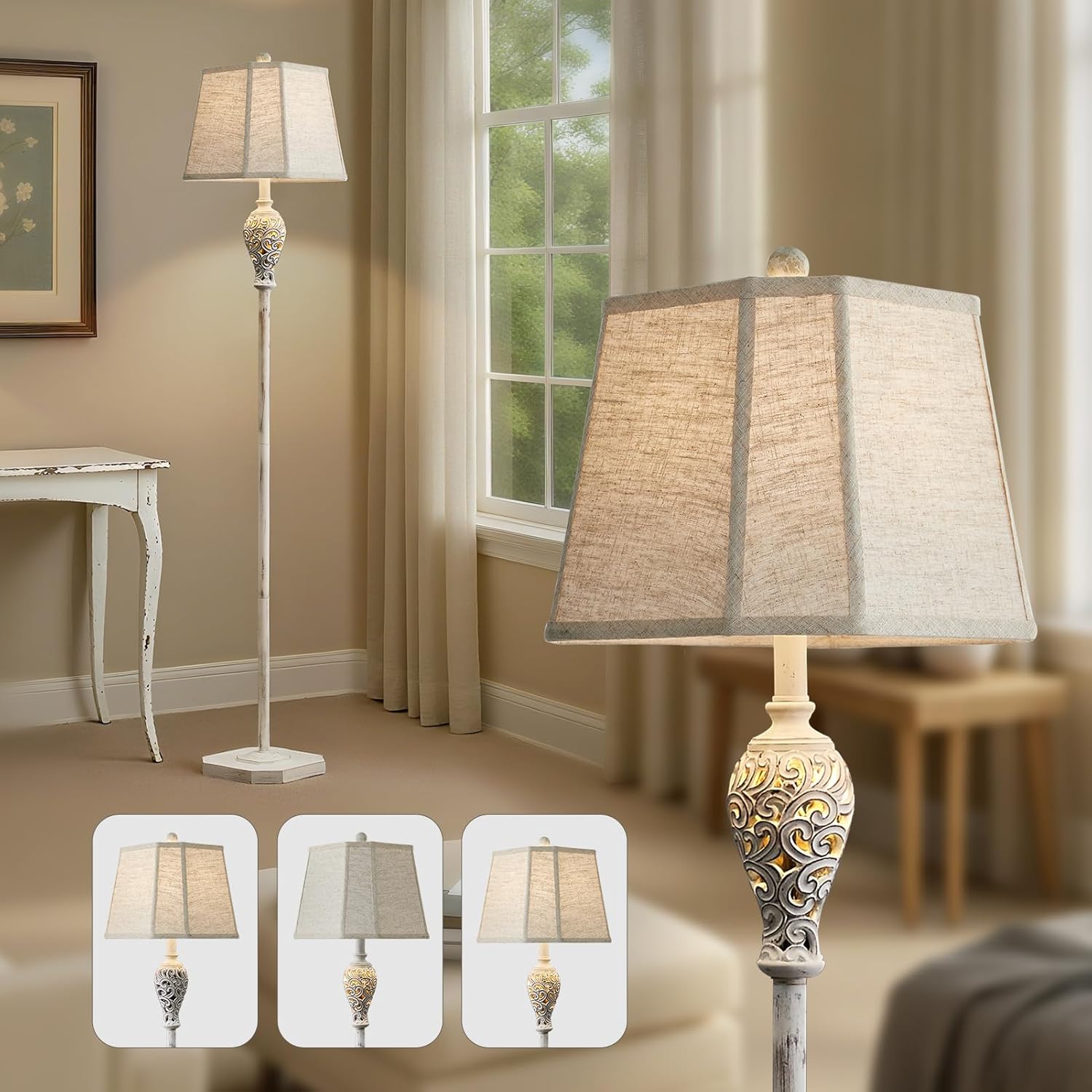 65'' Rustic Floor Lamp for Living Room with 2 Light Sources, Hollow Out Nightlight Resin Farmhouse Tall Standing Lamp for Bedroom Office Corner, Bulb Included (Wash White)