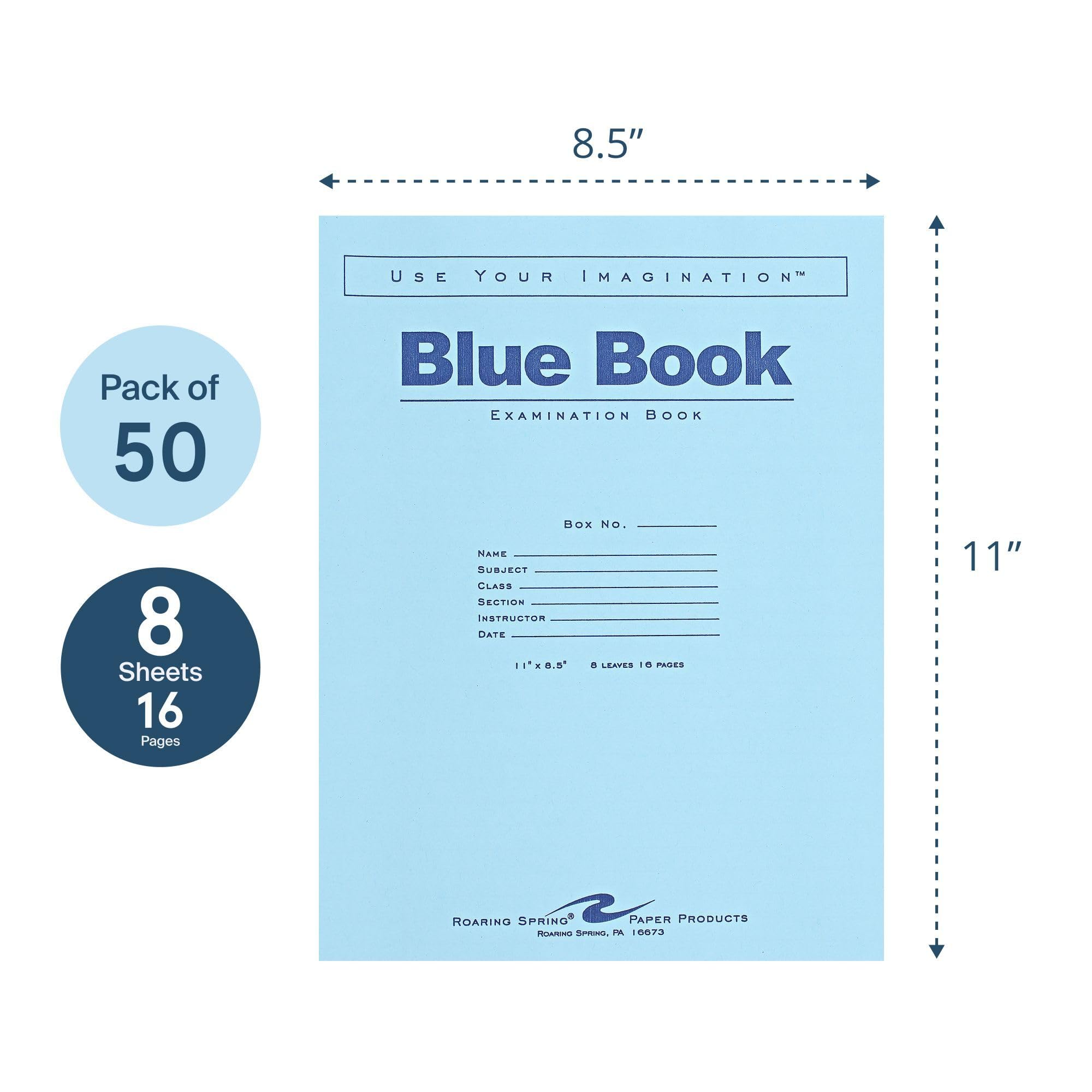 ROARING SPRING Lot de 50 cahiers d'examen bleu de test avec marge, 27,9 x 21,6 cm, 8 feuilles/16 pages, couverture bleue