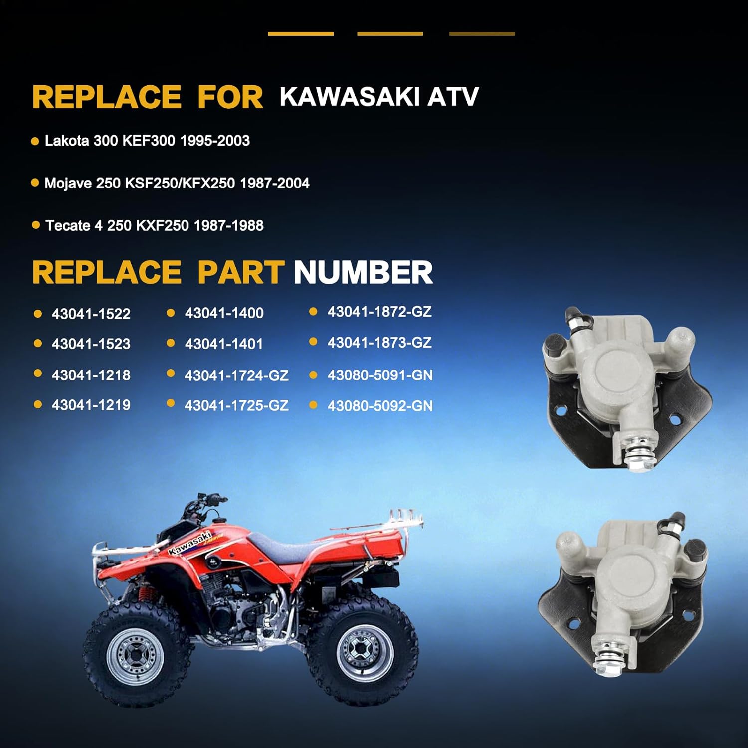 GSPSCN 2pcs Front Left & Right Brake Calipers w/Pads & Mounting Bracket for Kawasaki Lakota 300 KEF300 丨Mojave 250 KSF250/KFX250丨Tecate 4 250 KXF250,OE# 43041-1522 43041-1523 43041-1218 43041-1219