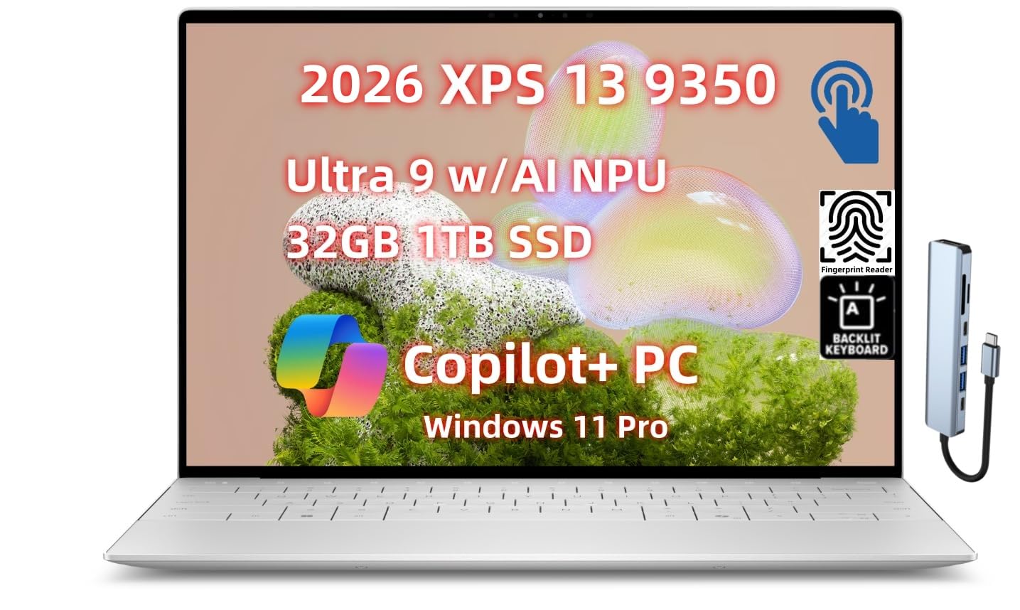 NewestDell XPS 13 9350 Business Laptop, AI Copilot+ PC (13.4" Touch 2.5K 120Hz, Inte.l Core Ultra 9 AI NPU, 32GB RAM, 1TB SSD), Backlit KB, FP, Light Weight + Ultra Thin, WiFi7, Win 11 Pro, USB-C Hub