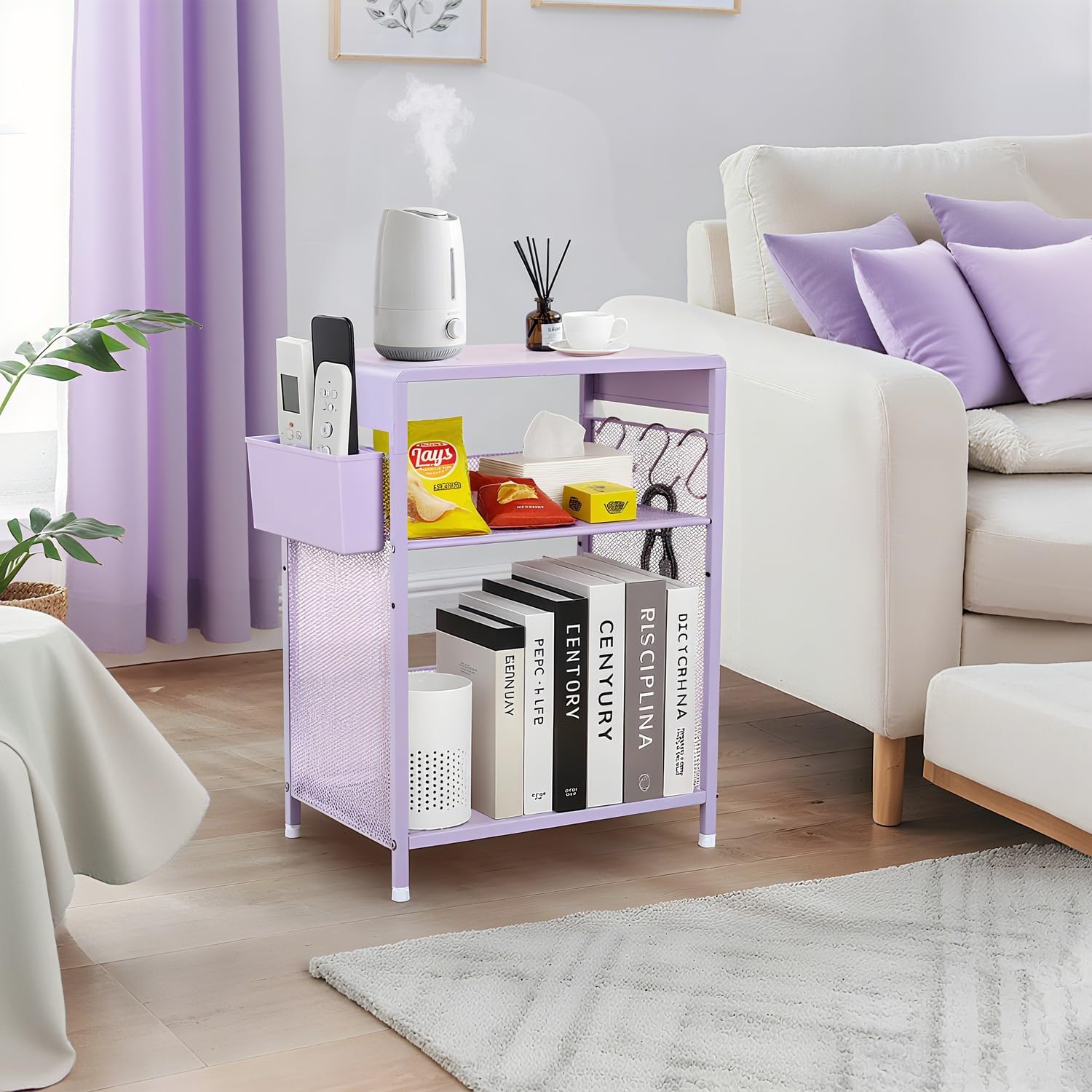 Nightstand, End Table with Hooks and Holder, Kids Nightstand for Bedroom, Toddler Bedside Table, Small Pink Desk for Girls, Coffee Table for Living Room, Dorm, Office (Purple)