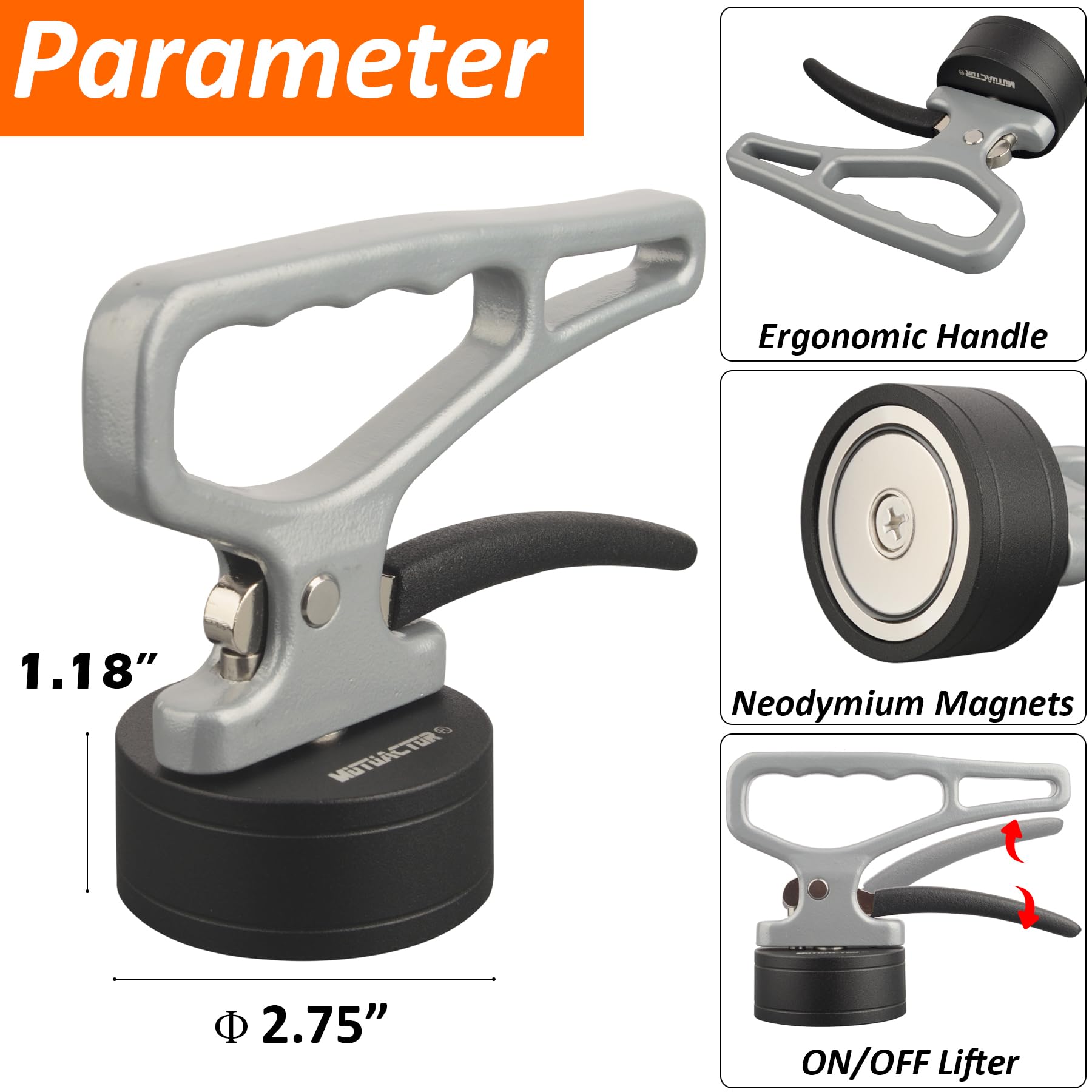 MUTUACTOR Juego de 2 fuertes manijas de elevación magnéticas manuales, potentes imanes de neodimio con mango estable para llevar, fácil de liberar herramientas magnéticas para agarrar objetos de metal