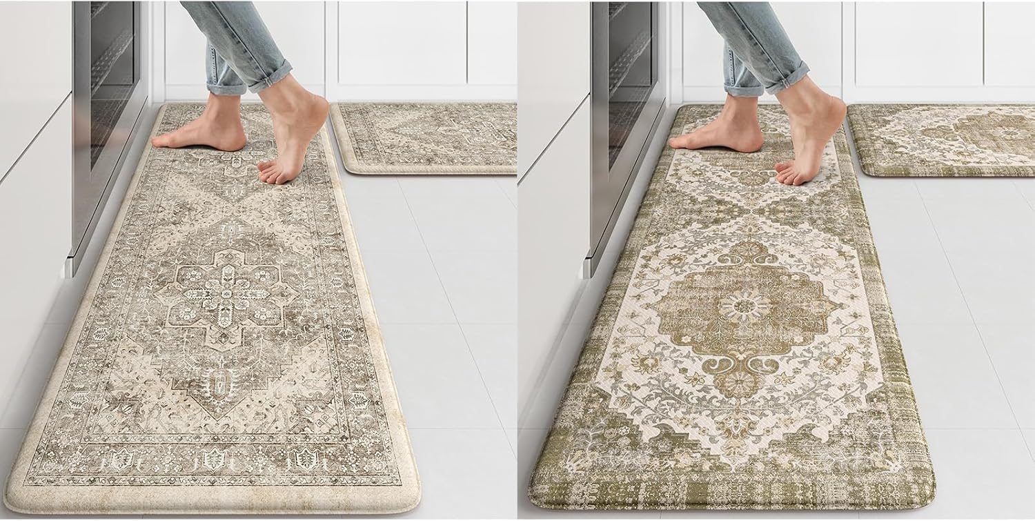 KIMODE Anti Fatigue Khaki Kitchen Mats 2PCS and Boho Vintage Kitchen Rugs Sets of 2 Khaki Boho Kitchen Rugs and Mats, Non Slip Cushioned Kitchen Mats for Floor, Waterproof Kitchen Floor Mats for Laund