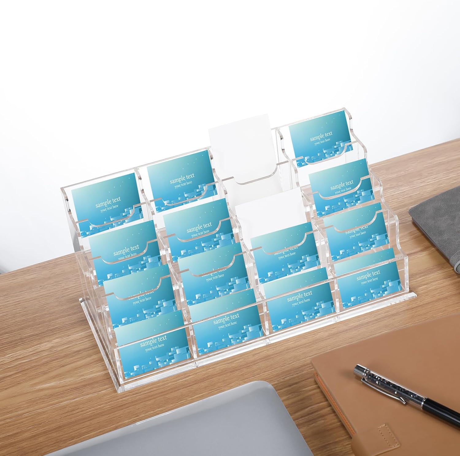 Seajan Acrylic Business Card Holder for Vertical Display, 16 Slot 4 Tier Clear Business Card Stand Multiple Business Card Display Organizer for Exhibition Home Office Supply