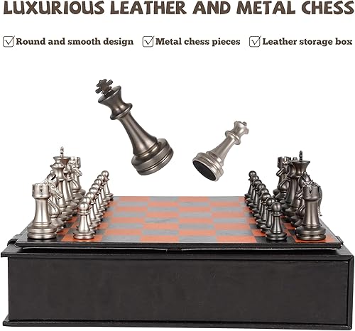 Miniatura 2 de Juego de ajedrez de metal para adultos y niños, tablero de ajedrez de cuero de 12 pulgadas con piezas de ajedrez de metal pesadas, juego de ajedrez