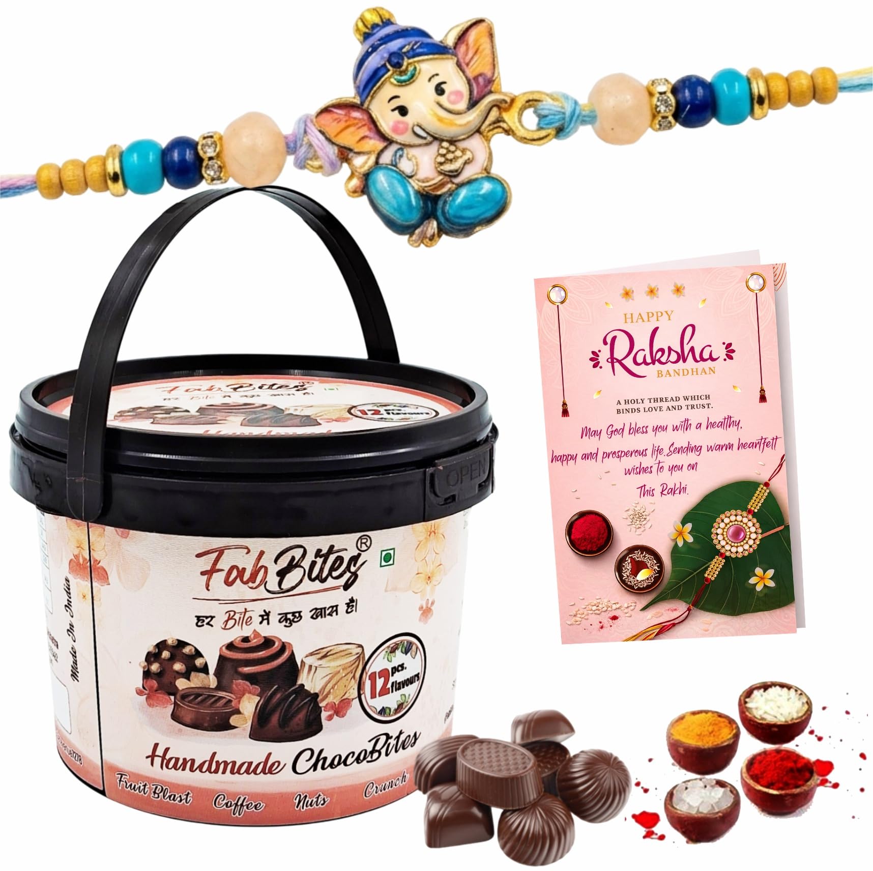 Rakhi for Kids with Gift 12 Variety Children Favourite Chocolates with Cute Design Ganesh ji Rakhi for Children,Boy,Small/Younger/Little Brother,Nephew,Baby, Rakshabandhan Greeting Card,Roli,Chawal,Chandan,Mishri-image-7