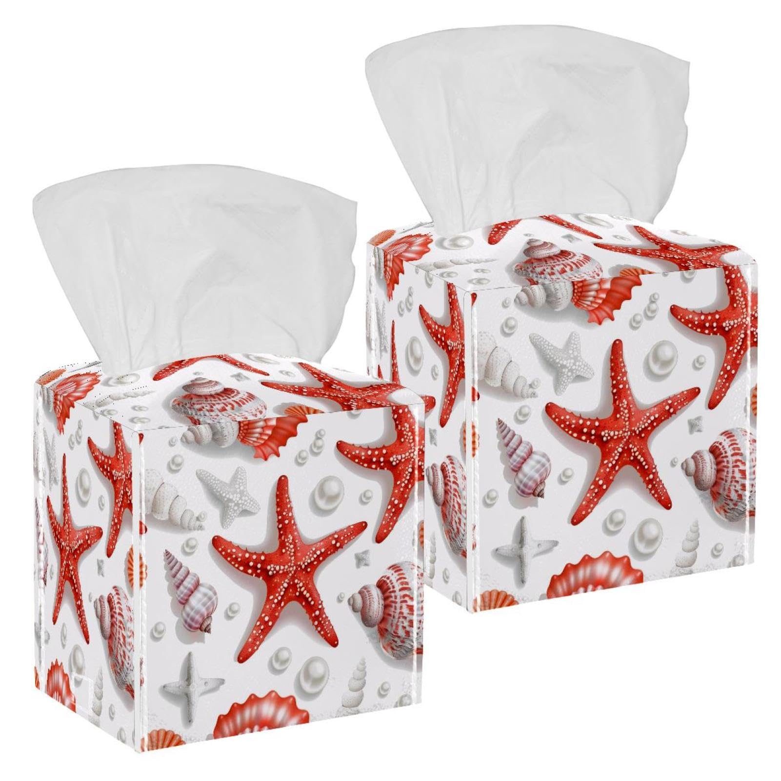 Seashells Starfishes Tissue Box Cover, 2 Pack PU Leather Square Facial Tissue Dispenser Box holder for Home Office Car